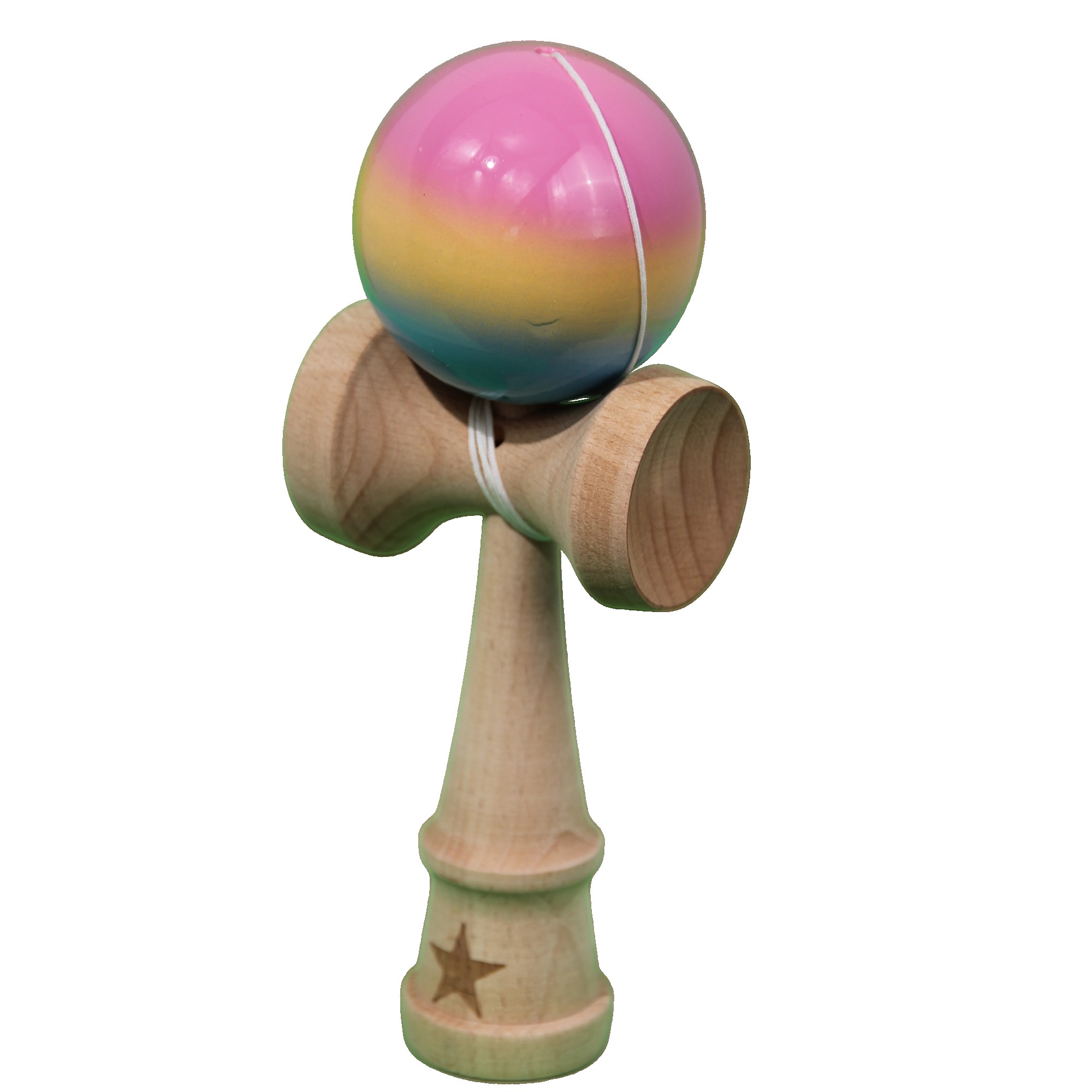 Jucarie Kendama X Originala, Profesionala, Flippy, Super Sticky din Lemn, 18 cm, Gradient Roz/Galben/Albastru