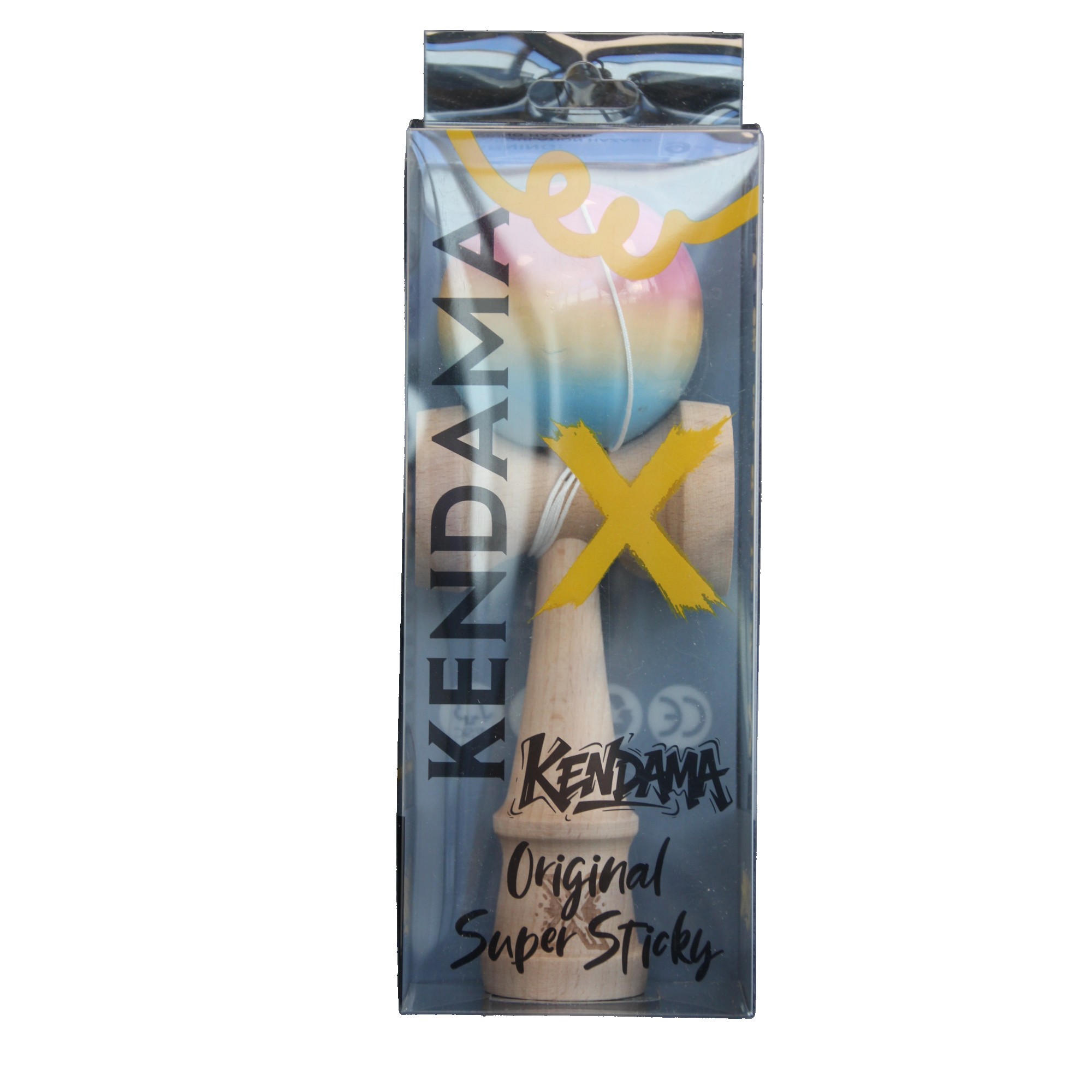 Jucarie Kendama X Originala, Profesionala, Flippy, Super Sticky din Lemn, 18 cm, Gradient Roz/Galben/Albastru
