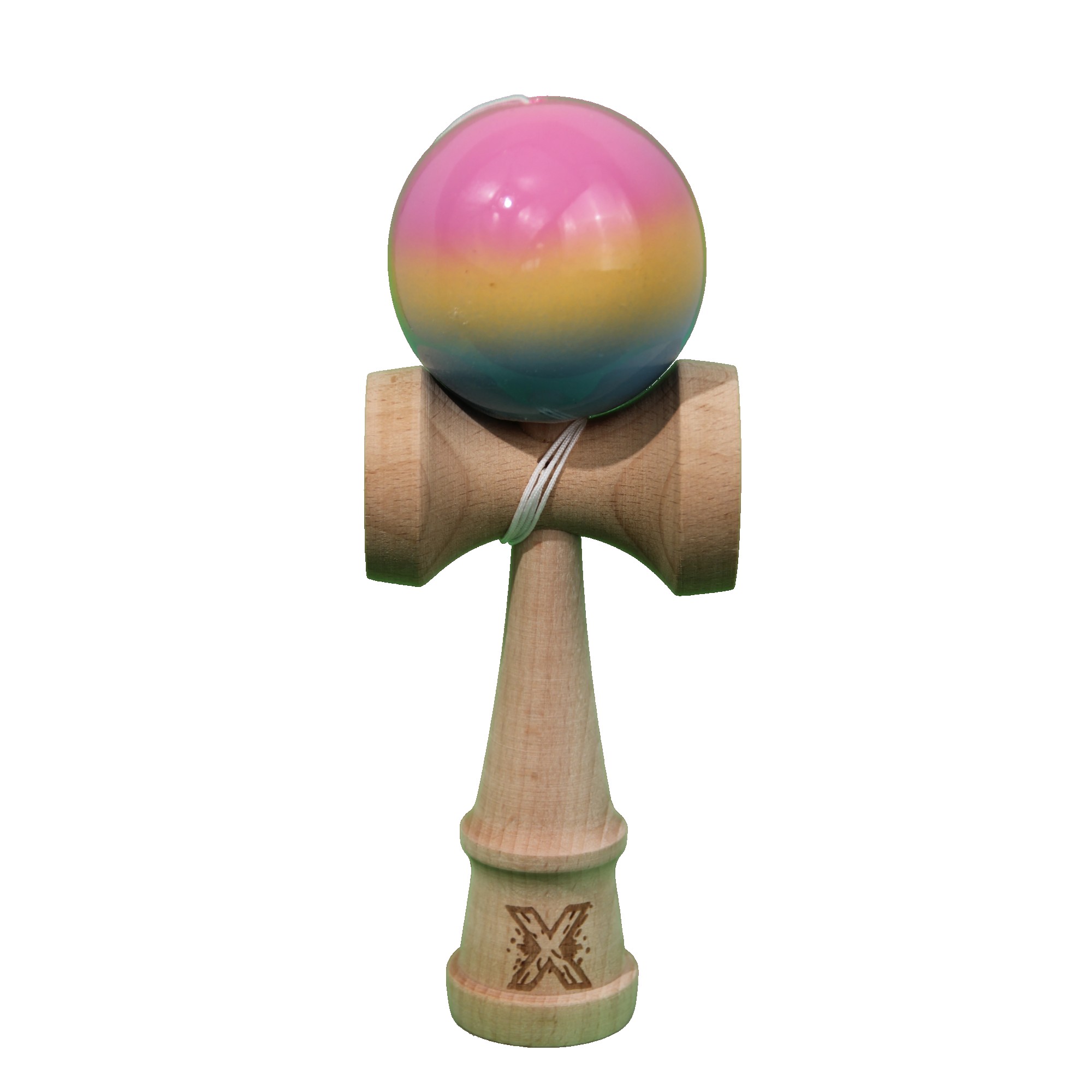 Jucarie Kendama X Originala, Profesionala, Flippy, Super Sticky din Lemn, 18 cm, Gradient Roz/Galben/Albastru