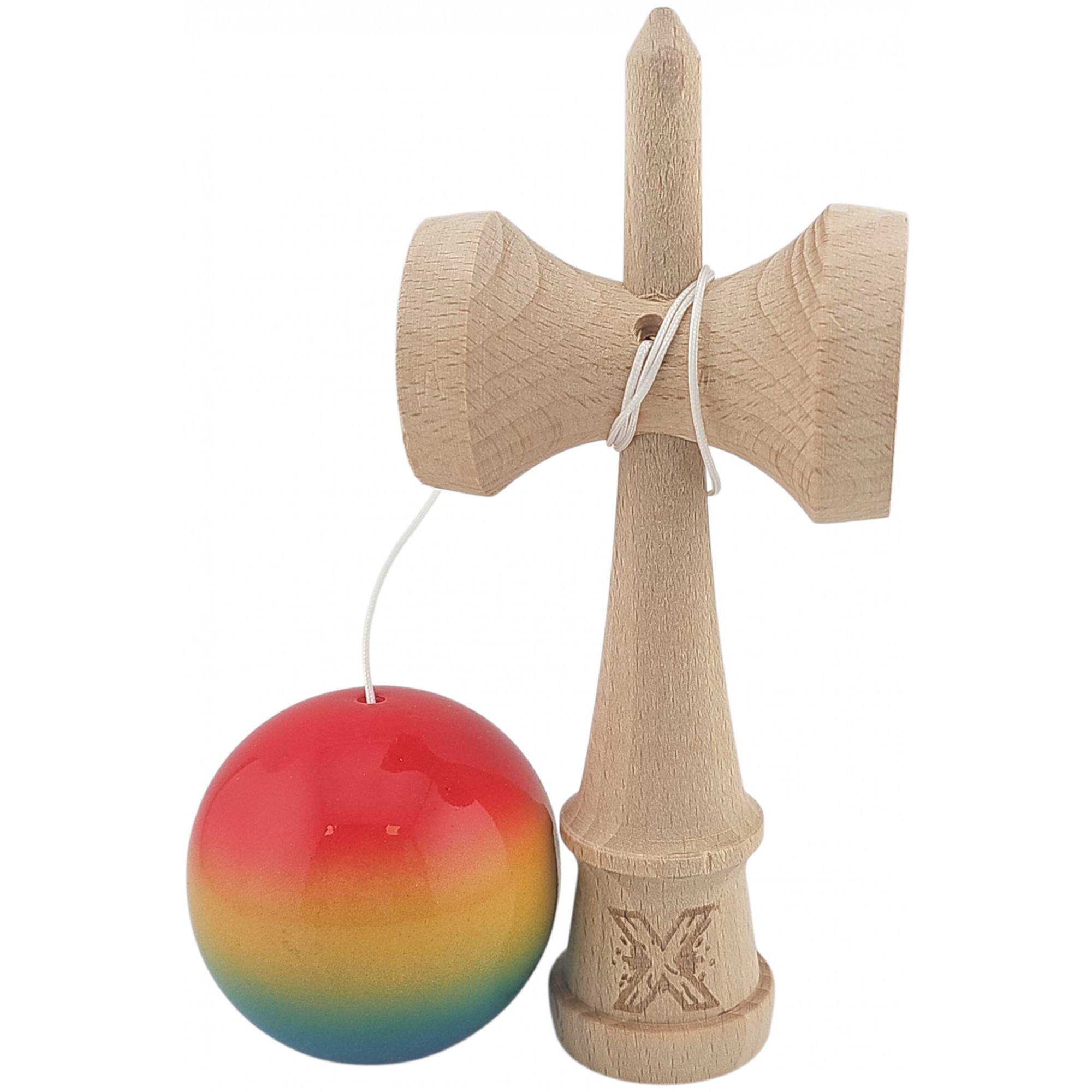 Kendama X Originala, Profesionala, Flippy, Super Sticky din Lemn, 18 cm, Gradient Roz/Galben/Albastru