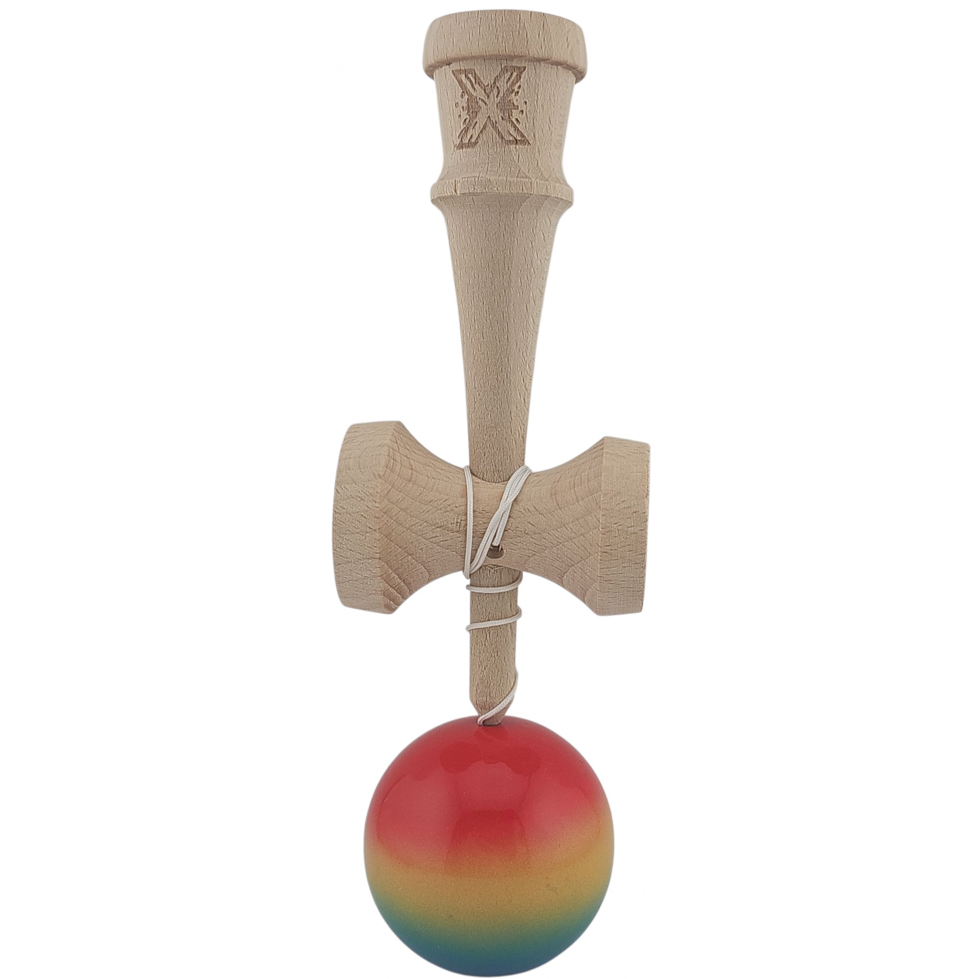 Kendama X Originala, Profesionala, Flippy, Super Sticky din Lemn, 18 cm, Gradient Roz/Galben/Albastru