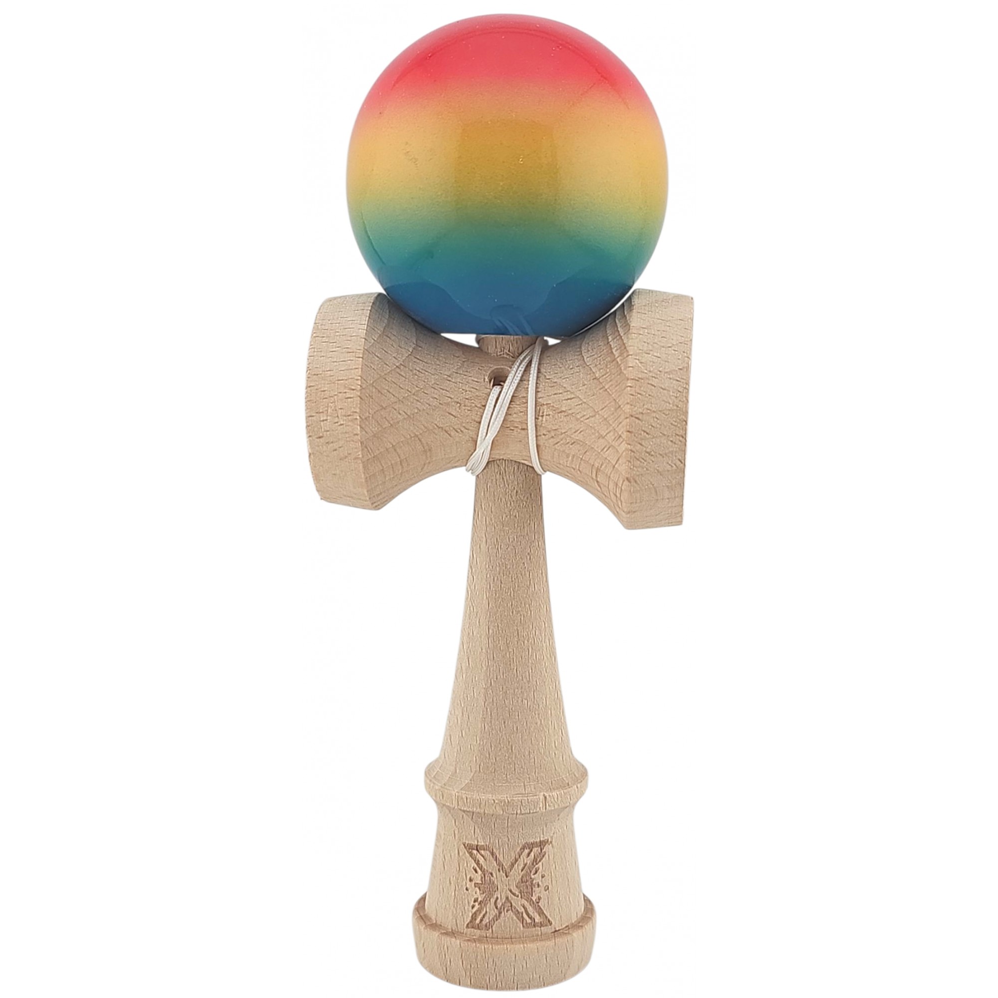 Kendama X Originala, Profesionala, Flippy, Super Sticky din Lemn, 18 cm, Gradient Roz/Galben/Albastru