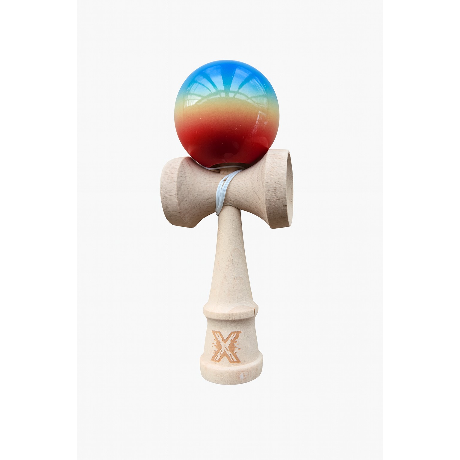 Jucarie Interactiva Kendama, Flippy, Kendama Original Super Sticky din Lemn, 18 cm, Joc de Indemanare pentru Copii si Adulti, Model Gradient Rosu Galben Albastru