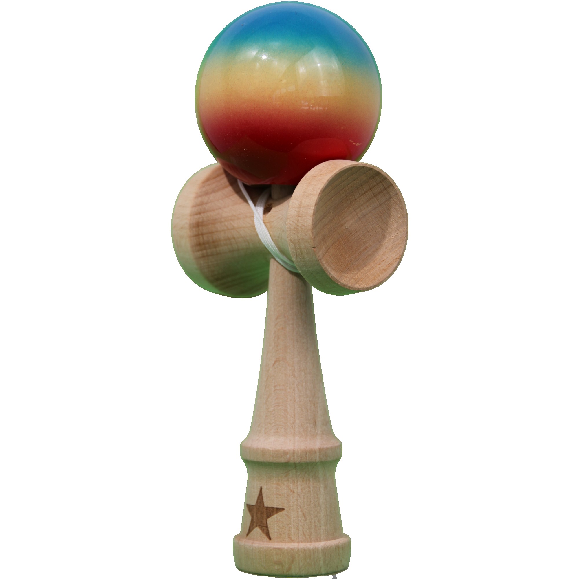 Jucarie Kendama X Originala, Profesionala, Flippy, Super Sticky din Lemn, 18 cm, Gradient Rosu/Galben/Albastru