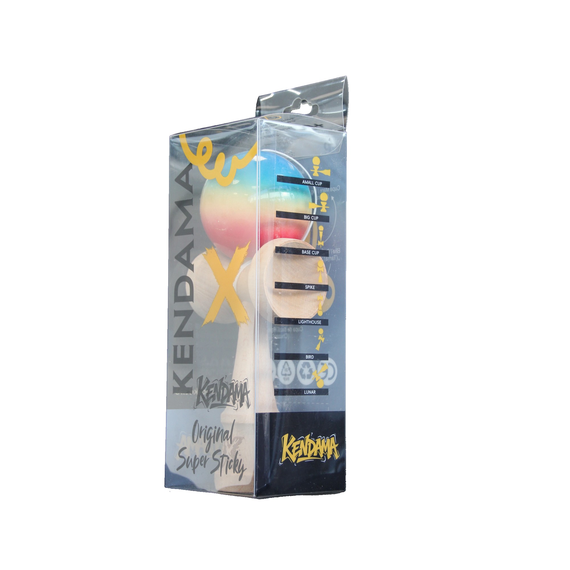 Jucarie Kendama X Originala, Profesionala, Flippy, Super Sticky din Lemn, 18 cm, Gradient Rosu/Galben/Albastru