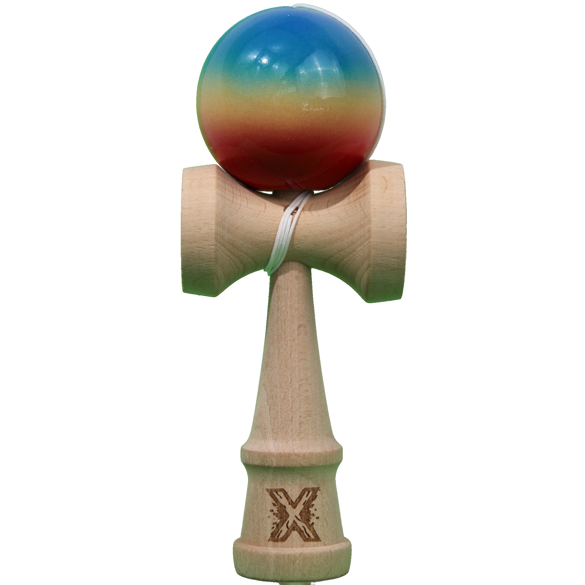 Jucarie Kendama X Originala, Profesionala, Flippy, Super Sticky din Lemn, 18 cm, Gradient Rosu/Galben/Albastru