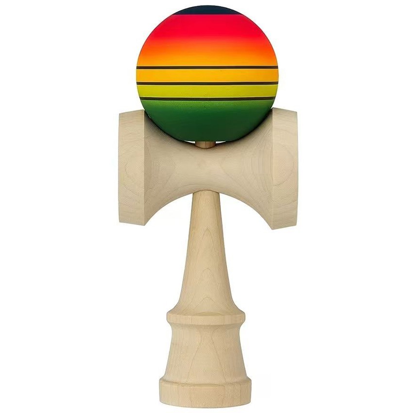 Jucarie Interactiva Kendama, Flippy, Kendama Original Super Sticky din Lemn, 18 cm, Joc de Indemanare pentru Copii si Adulti, Model Gradient Rosu Galben Verde