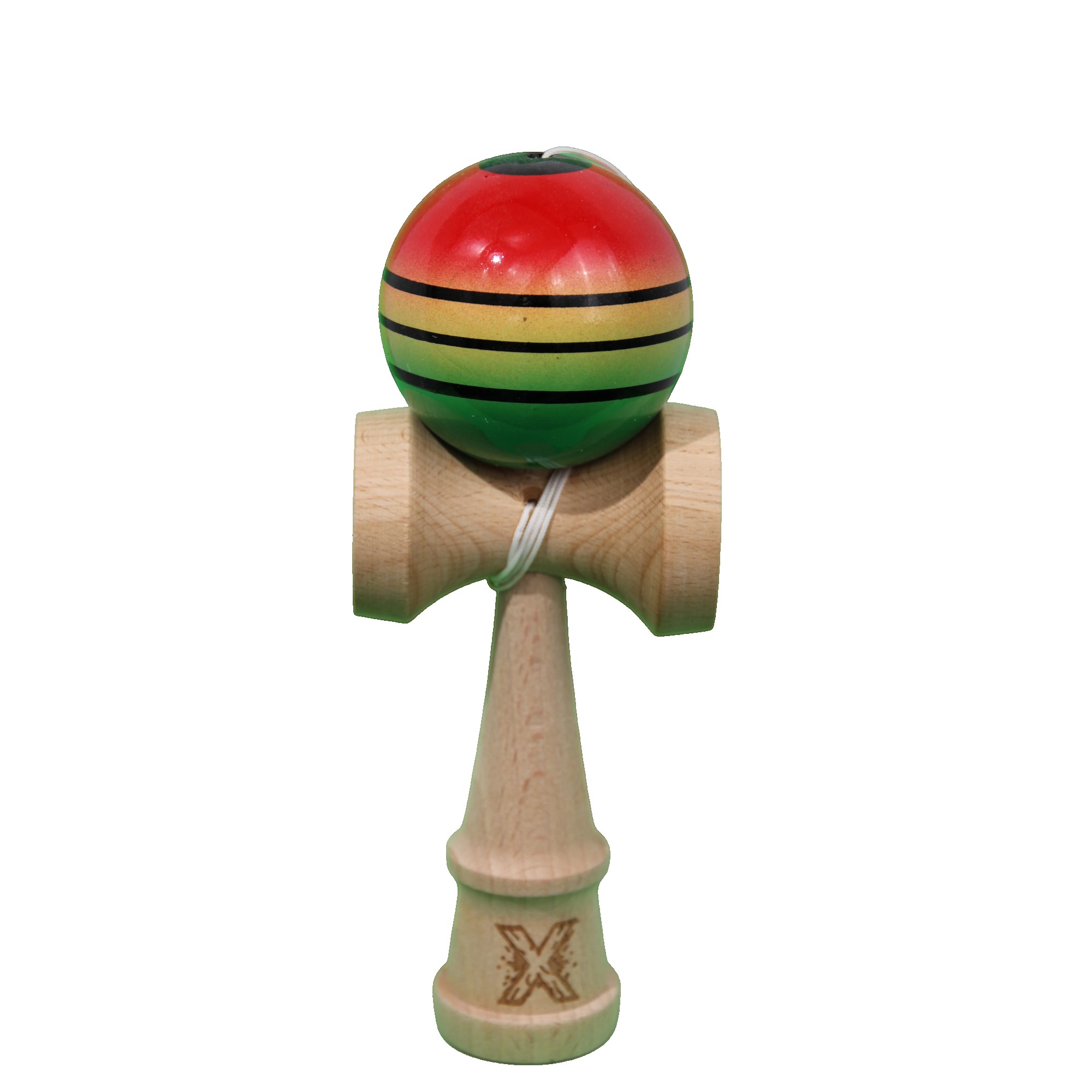 Jucarie Kendama X Originala, Profesionala, Flippy, Super Sticky din Lemn, 18 cm, Gradient Rosu/Galben/Verde