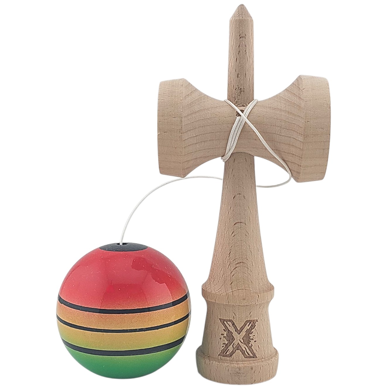 Kendama X Originala, Profesionala, Flippy, Super Sticky, din Lemn, 18 cm, Gradient Rosu/Galben/Verde