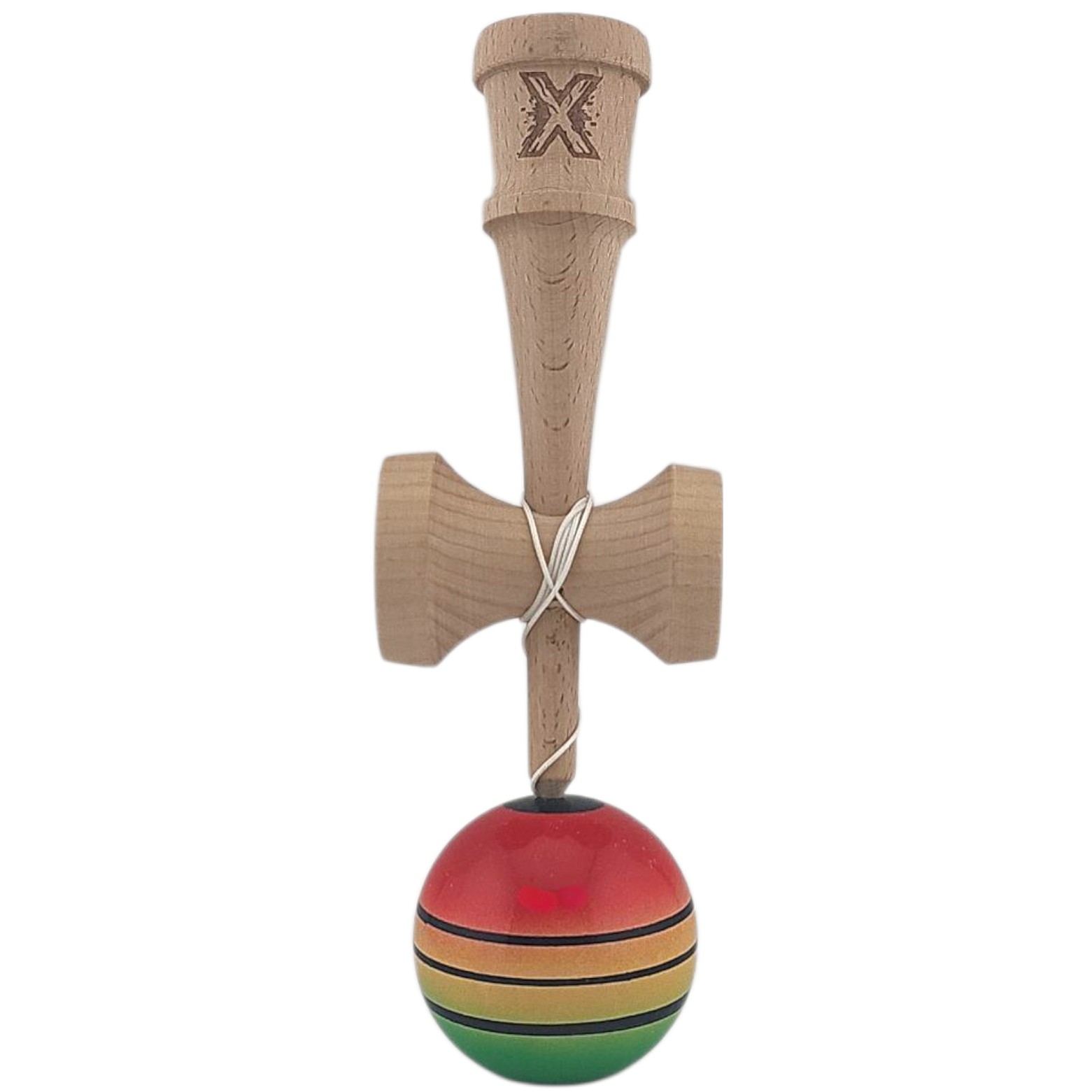 Kendama X Originala, Profesionala, Flippy, Super Sticky, din Lemn, 18 cm, Gradient Rosu/Galben/Verde