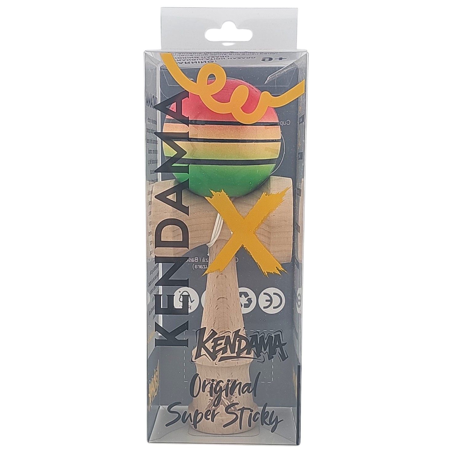 Kendama X Originala, Profesionala, Flippy, Super Sticky, din Lemn, 18 cm, Gradient Rosu/Galben/Verde