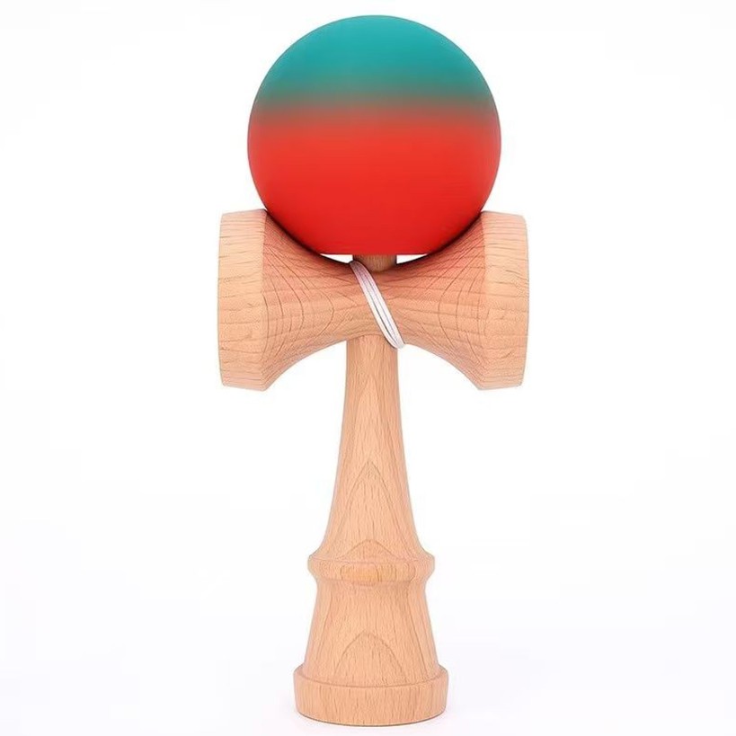Jucarie Interactiva Kendama, Flippy, Kendama Original Super Sticky din Lemn, 18 cm, Joc de Indemanare pentru Copii si Adulti, Model Gradient Rosu Verde
