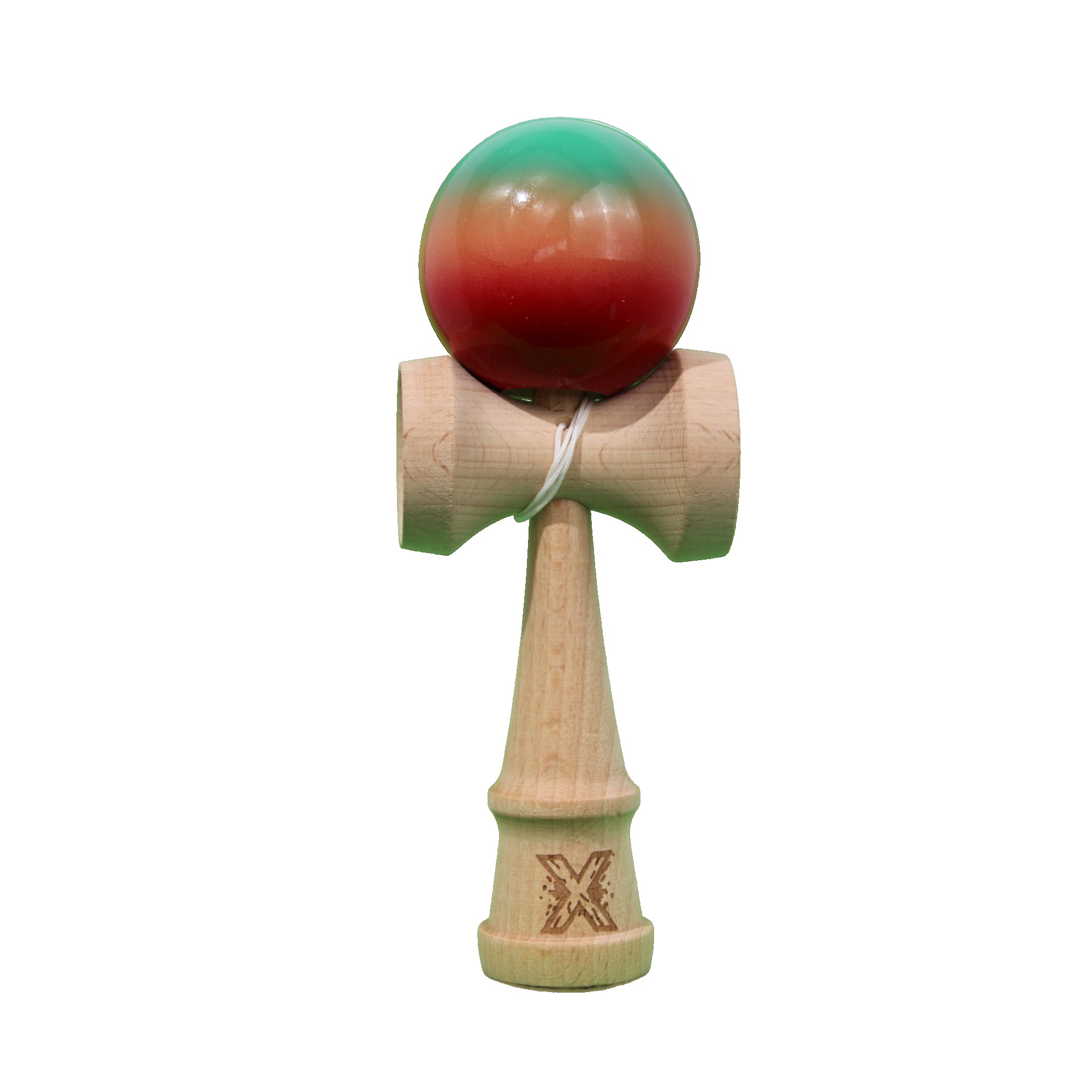 Jucarie Kendama X Originala, Profesionala, Flippy, Super Sticky din Lemn, 18 cm, Gradient Rosu/Verde