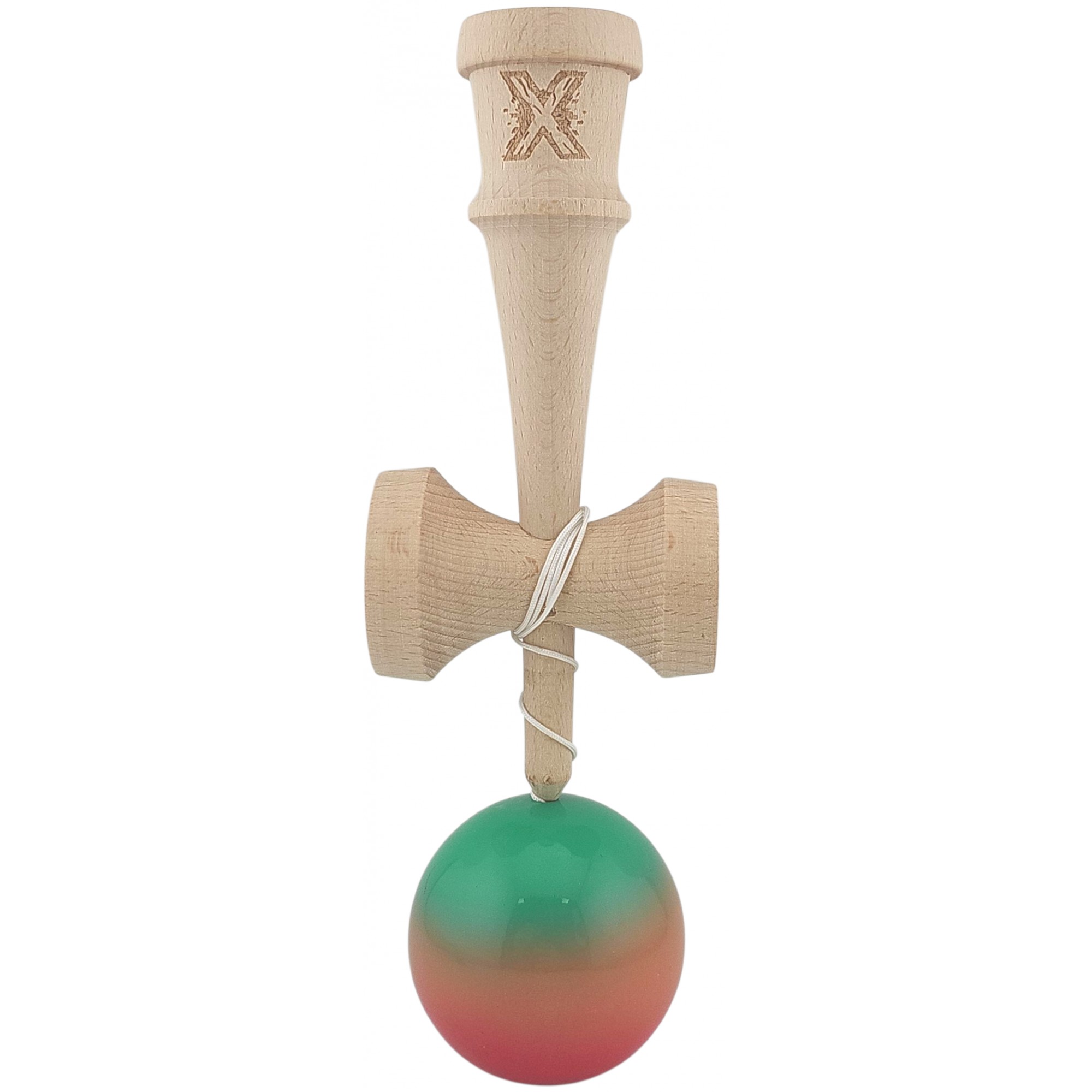 Kendama X Originala, Profesionala, Flippy, Super Sticky din Lemn, 18 cm, Gradient Rosu/Verde