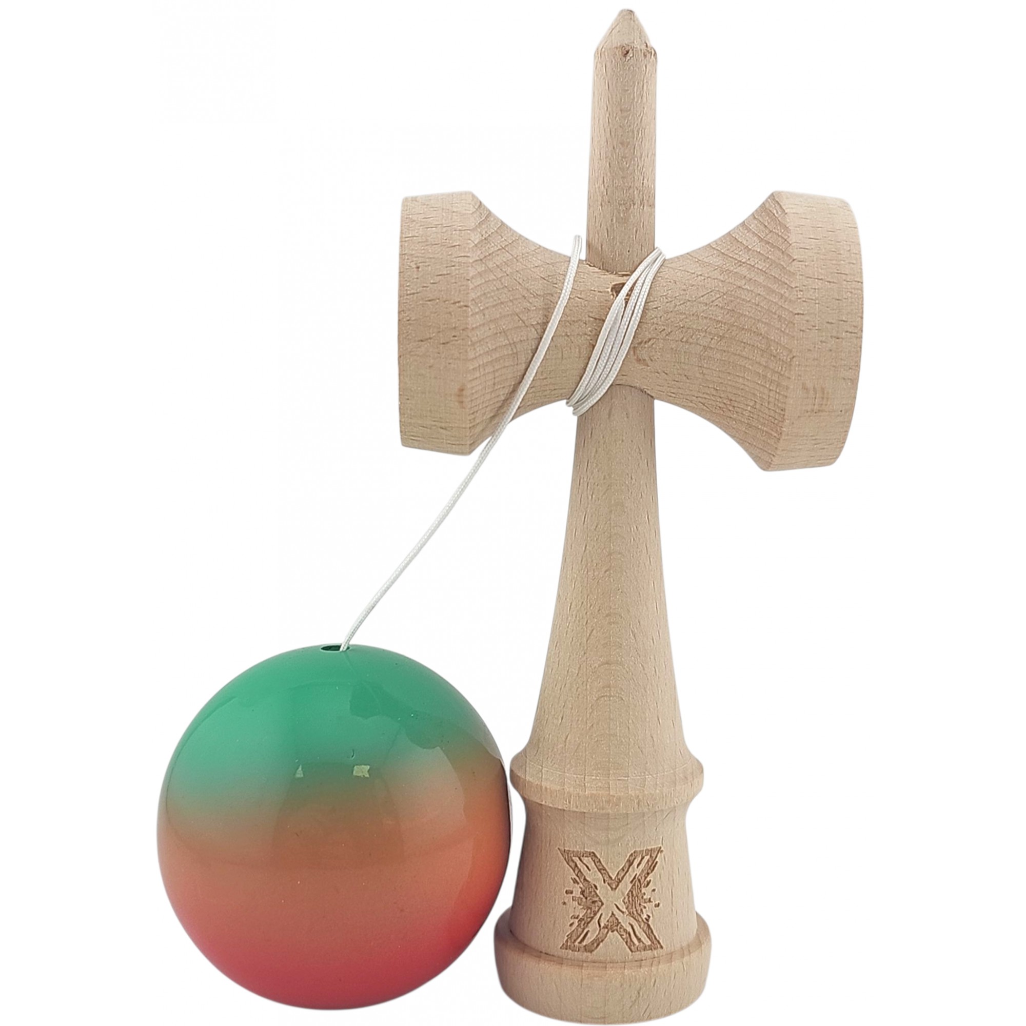 Kendama X Originala, Profesionala, Flippy, Super Sticky din Lemn, 18 cm, Gradient Rosu/Verde