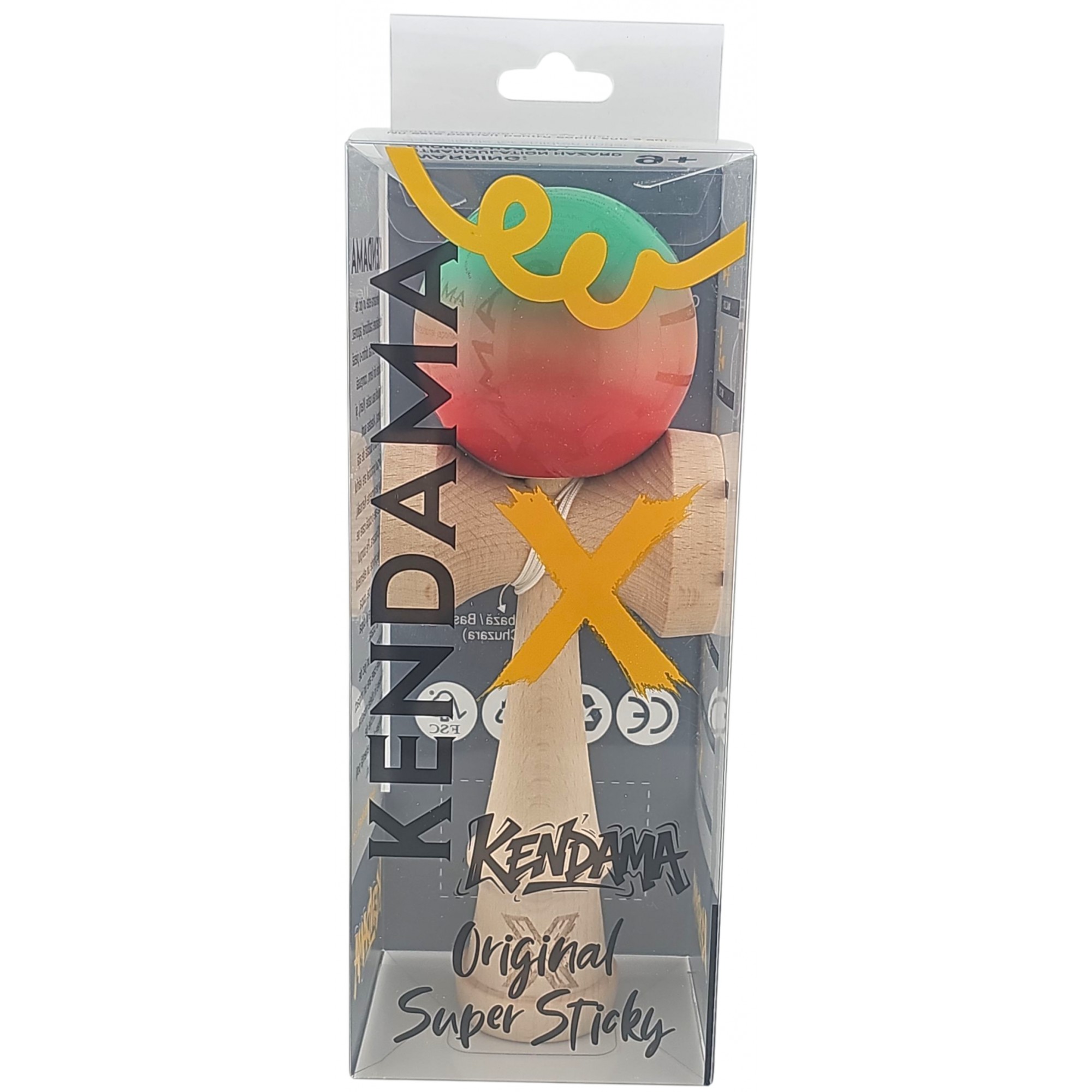 Kendama X Originala, Profesionala, Flippy, Super Sticky din Lemn, 18 cm, Gradient Rosu/Verde