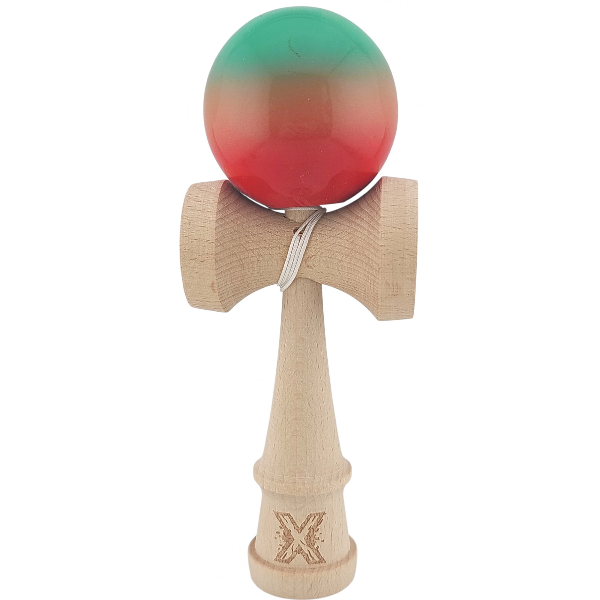 Kendama X Originala, Profesionala, Flippy, Super Sticky din Lemn, 18 cm, Gradient Rosu/Verde