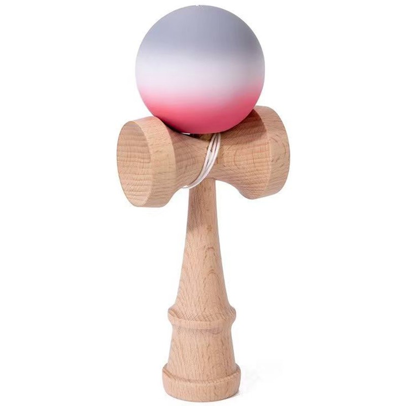Jucarie Interactiva Kendama, Flippy, Kendama Original Super Sticky din Lemn, 18 cm, Joc de Indemanare pentru Copii si Adulti, Model Gradient Rosu Alb Gri