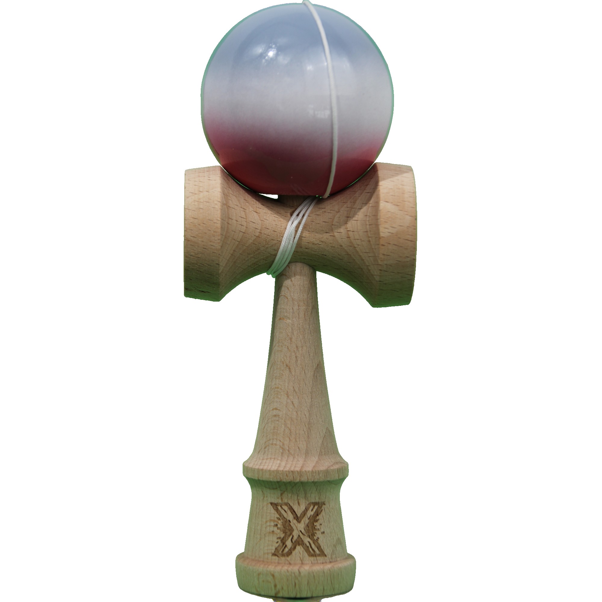 Jucarie  Kendama X Originala, Profesionala, Flippy, Super Sticky din Lemn, 18 cm, Gradient Roz/Alb/Gri