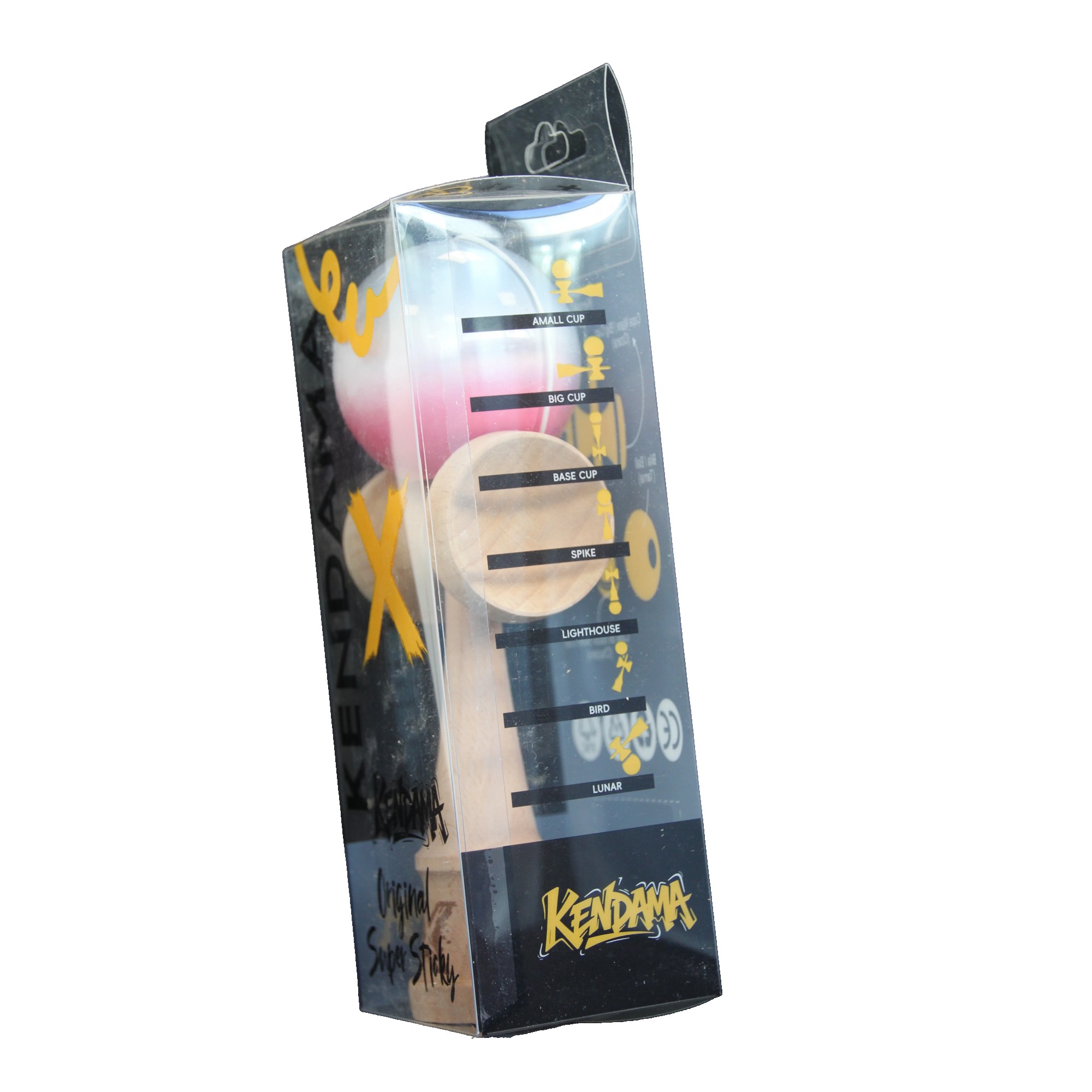 Jucarie  Kendama X Originala, Profesionala, Flippy, Super Sticky din Lemn, 18 cm, Gradient Roz/Alb/Gri