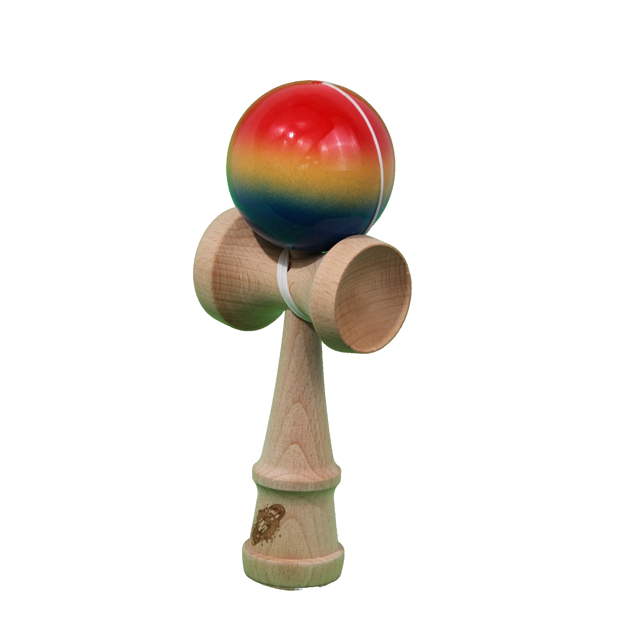 Jucarie Kendama X Originala, Profesionala, Flippy, Super Sticky din Lemn, 18 cm, Gradient Rosu/Galben/Albastru