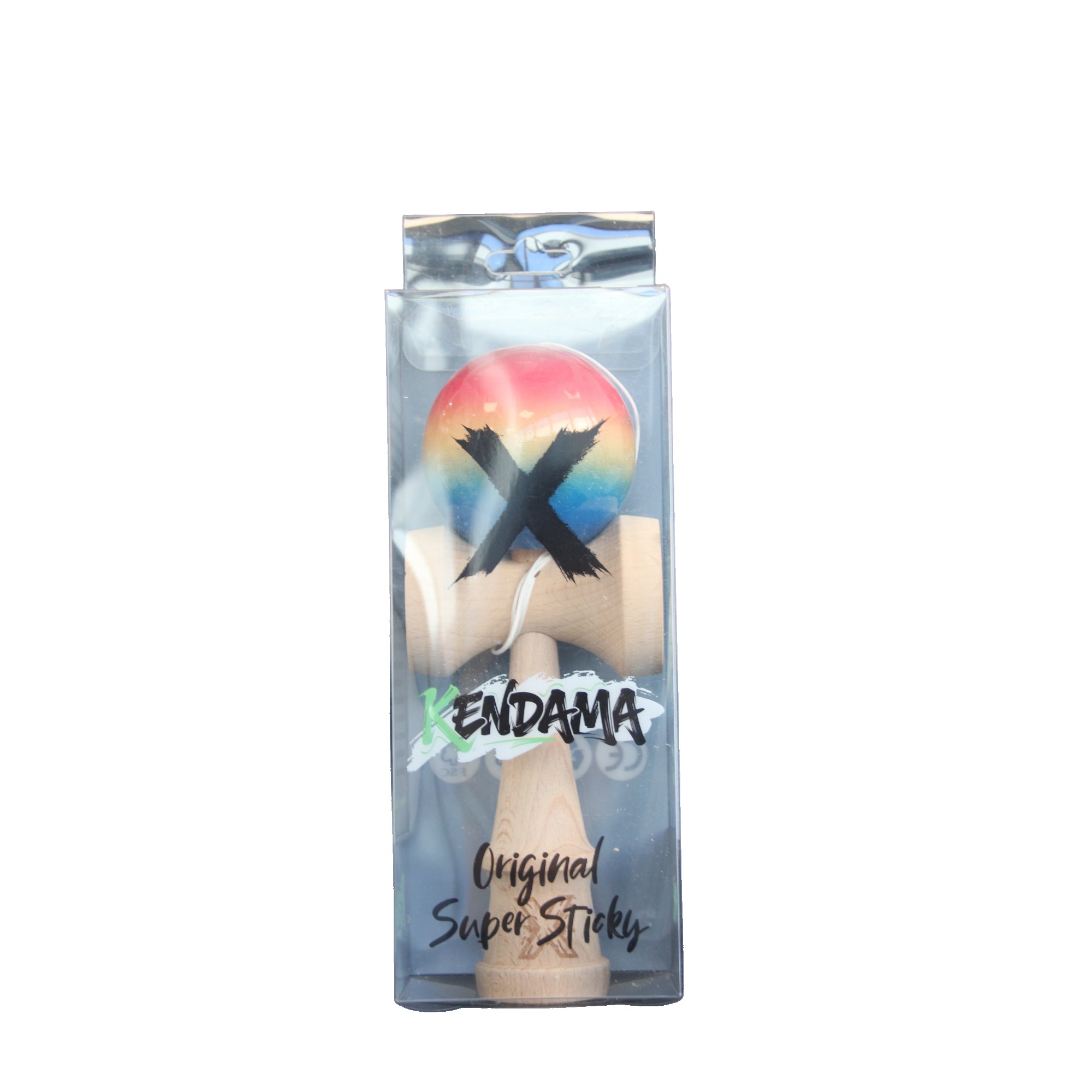 Jucarie Kendama X Originala, Profesionala, Flippy, Super Sticky din Lemn, 18 cm, Gradient Rosu/Galben/Albastru