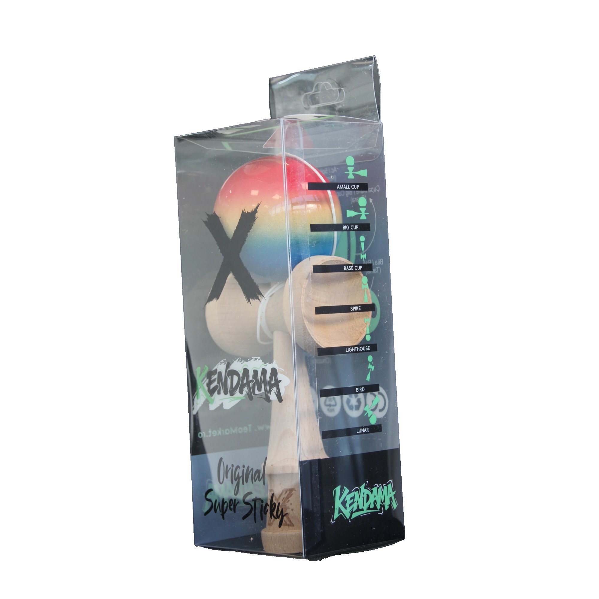 Jucarie Kendama X Originala, Profesionala, Flippy, Super Sticky din Lemn, 18 cm, Gradient Rosu/Galben/Albastru