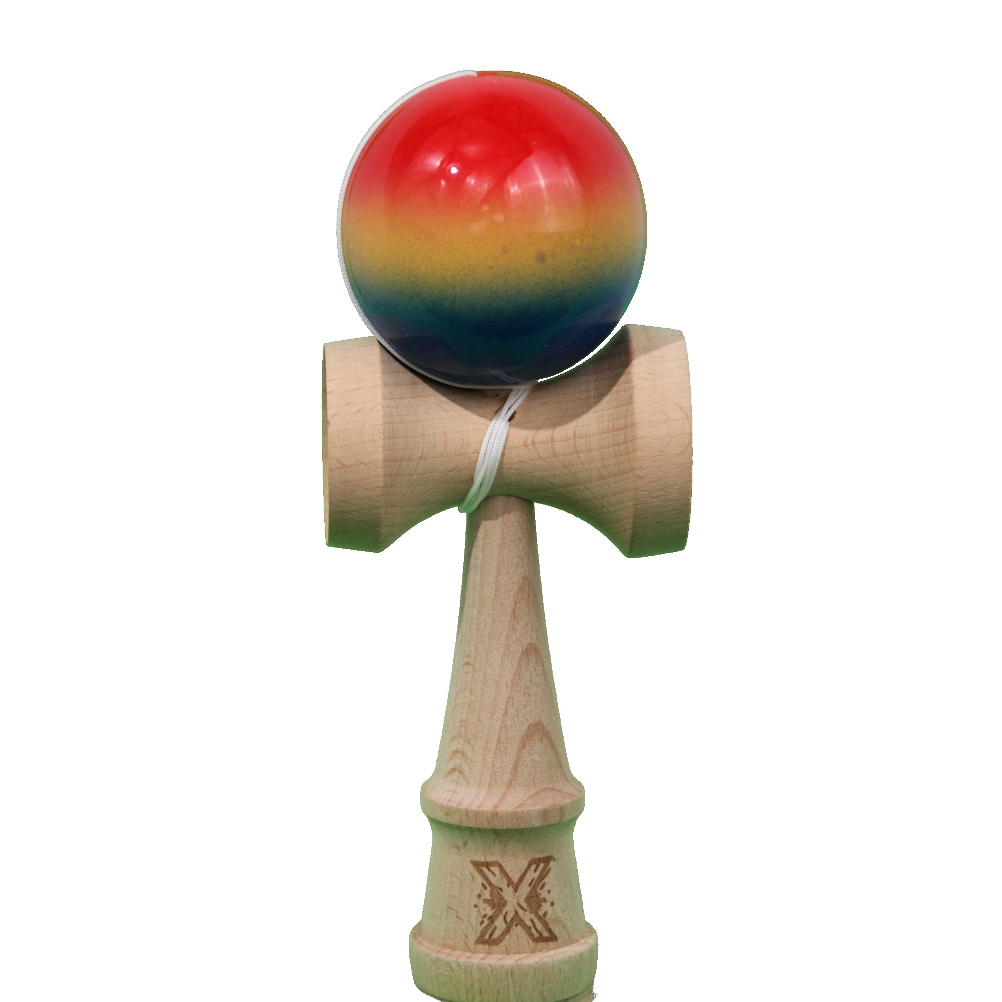 Jucarie Kendama X Originala, Profesionala, Flippy, Super Sticky din Lemn, 18 cm, Gradient Rosu/Galben/Albastru
