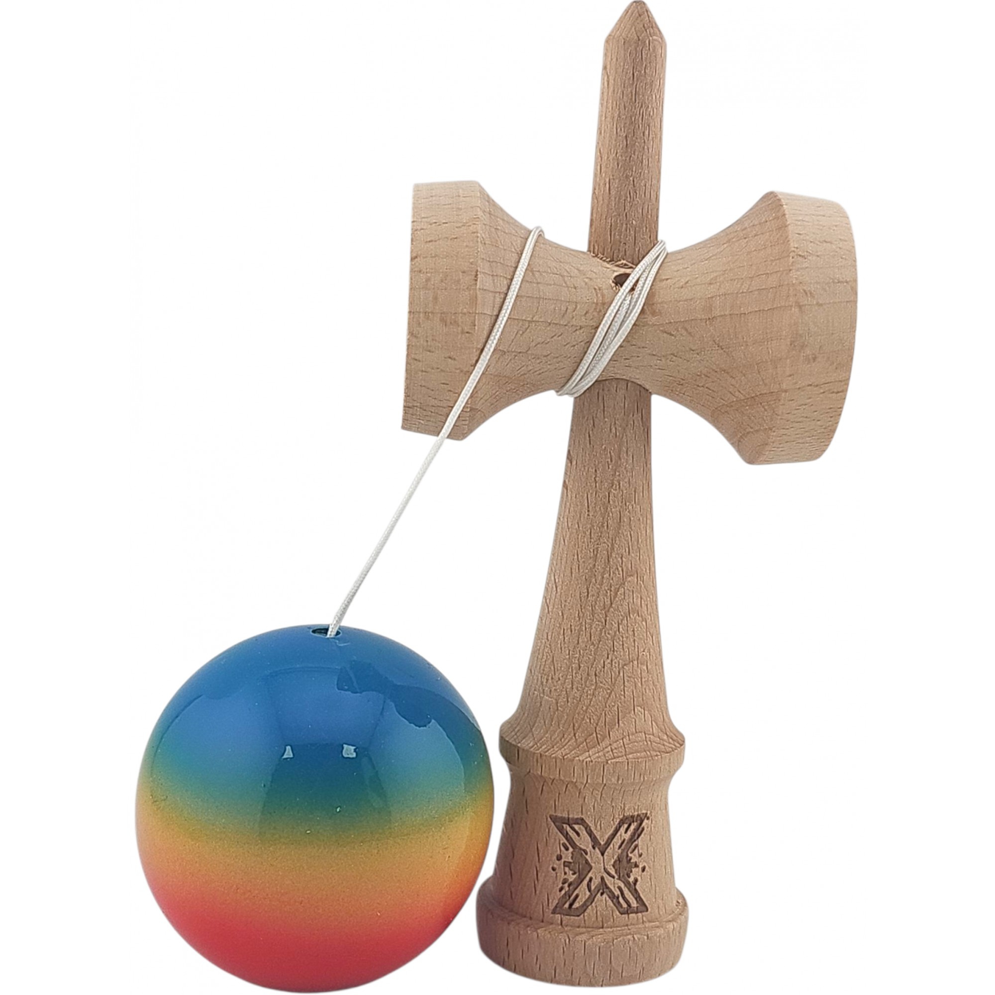 Kendama X Originala, Profesionala, Flippy, Super Sticky din Lemn, 18 cm, Gradient Rosu/Galben/Albastru