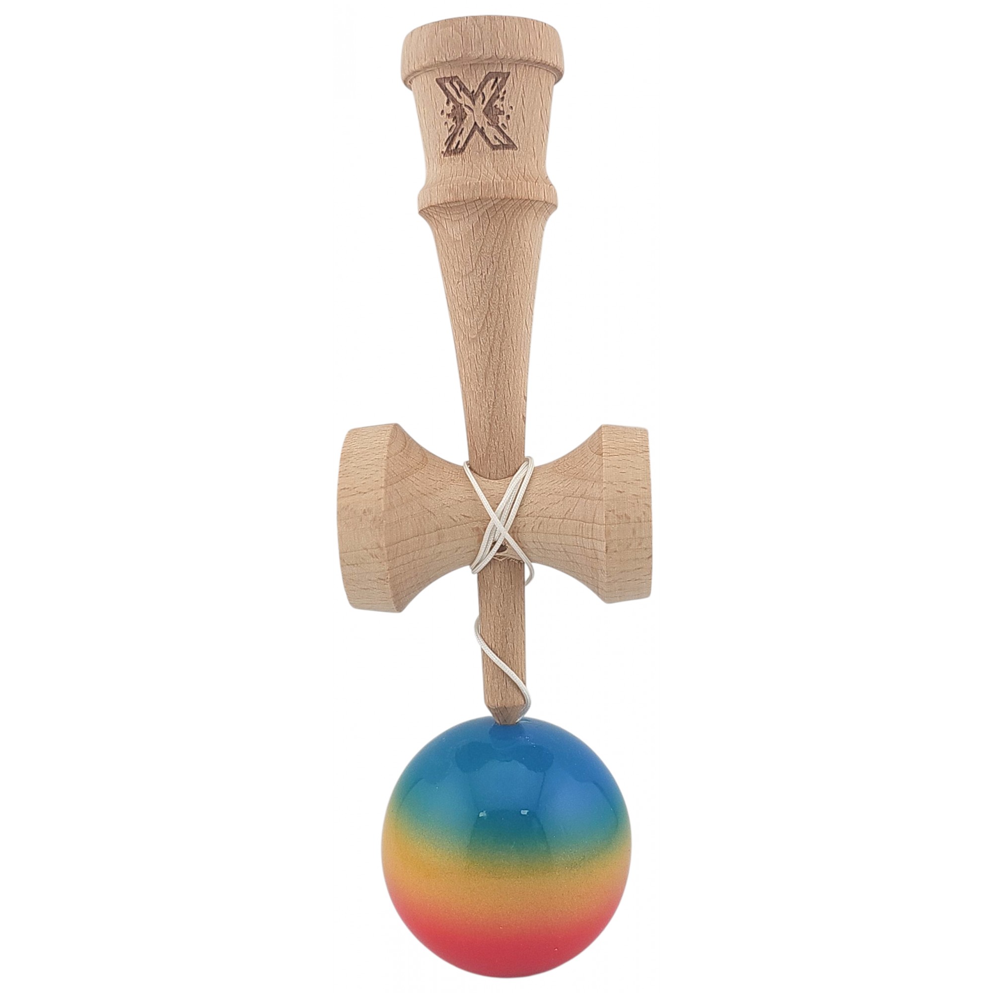 Kendama X Originala, Profesionala, Flippy, Super Sticky din Lemn, 18 cm, Gradient Rosu/Galben/Albastru