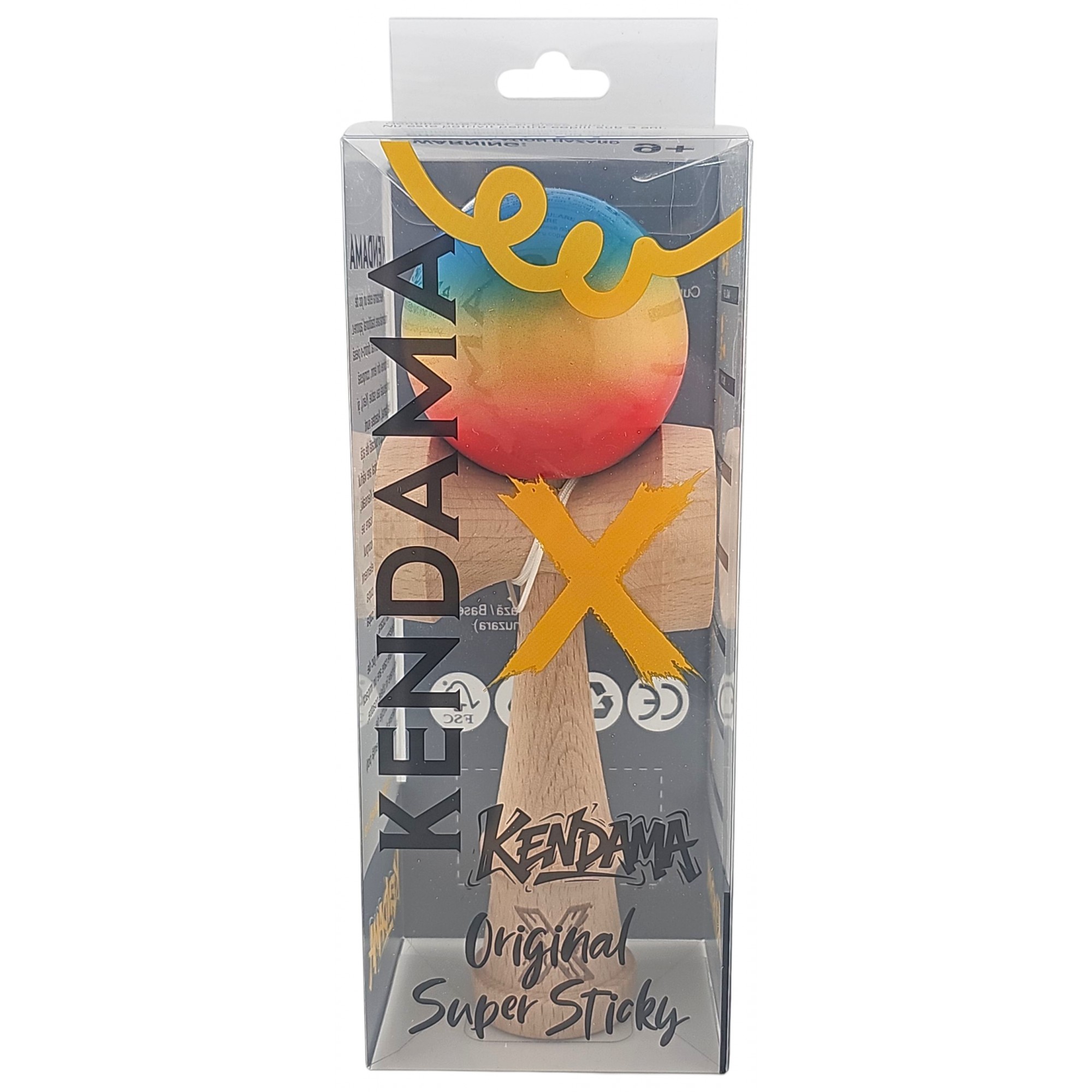 Kendama X Originala, Profesionala, Flippy, Super Sticky din Lemn, 18 cm, Gradient Rosu/Galben/Albastru
