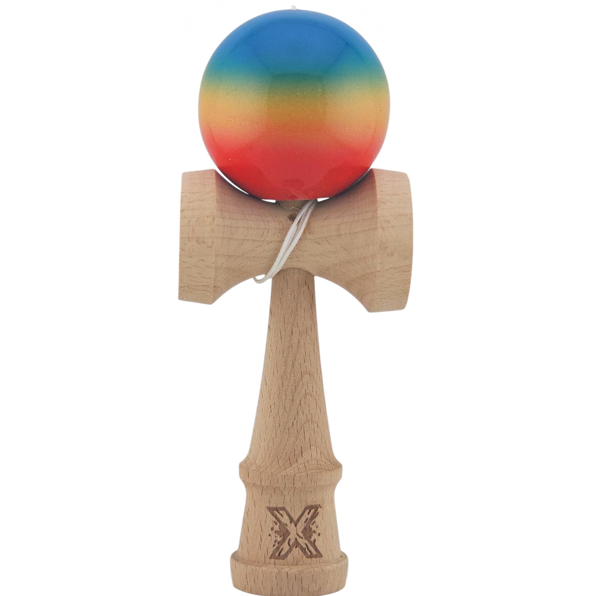 Kendama X Originala, Profesionala, Flippy, Super Sticky din Lemn, 18 cm, Gradient Rosu/Galben/Albastru
