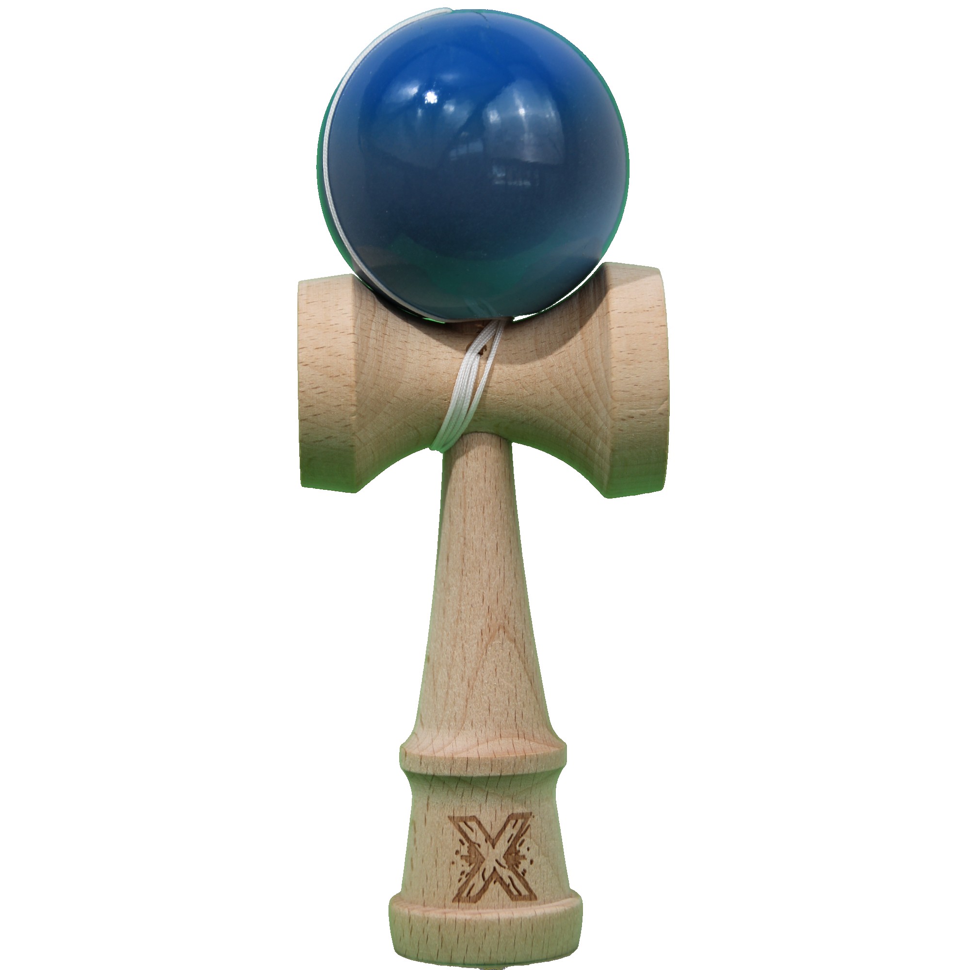 Jucarie Kendama X Originala, Profesionala, Flippy, Super Sticky din Lemn, 18 cm, Gradient Albastru/Gri/Bleu