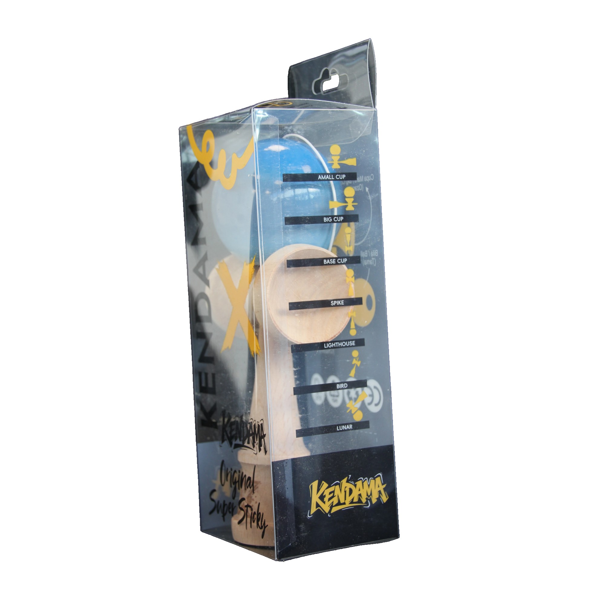 Jucarie Kendama X Originala, Profesionala, Flippy, Super Sticky din Lemn, 18 cm, Gradient Albastru/Gri/Bleu