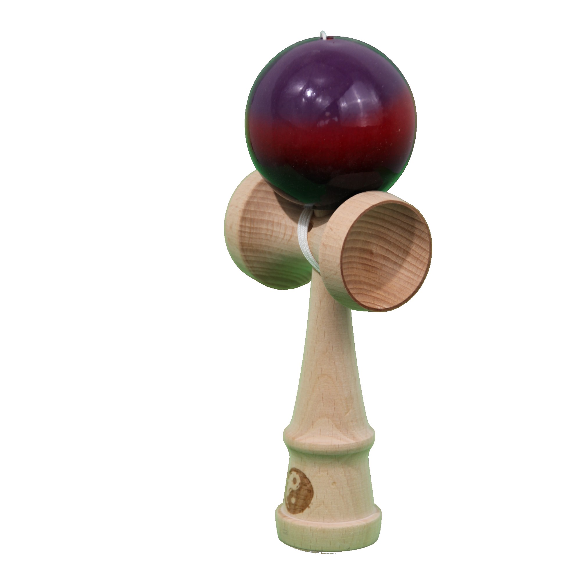 Jucarie Kendama X Originala, Profesionala, Flippy, Super Sticky din Lemn, 18 cm, Gradient Mov/Rosu/Negru
