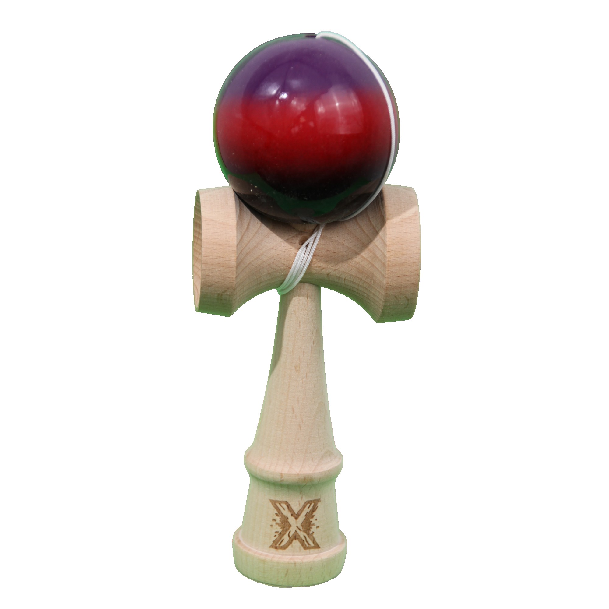 Jucarie Kendama X Originala, Profesionala, Flippy, Super Sticky din Lemn, 18 cm, Gradient Mov/Rosu/Negru