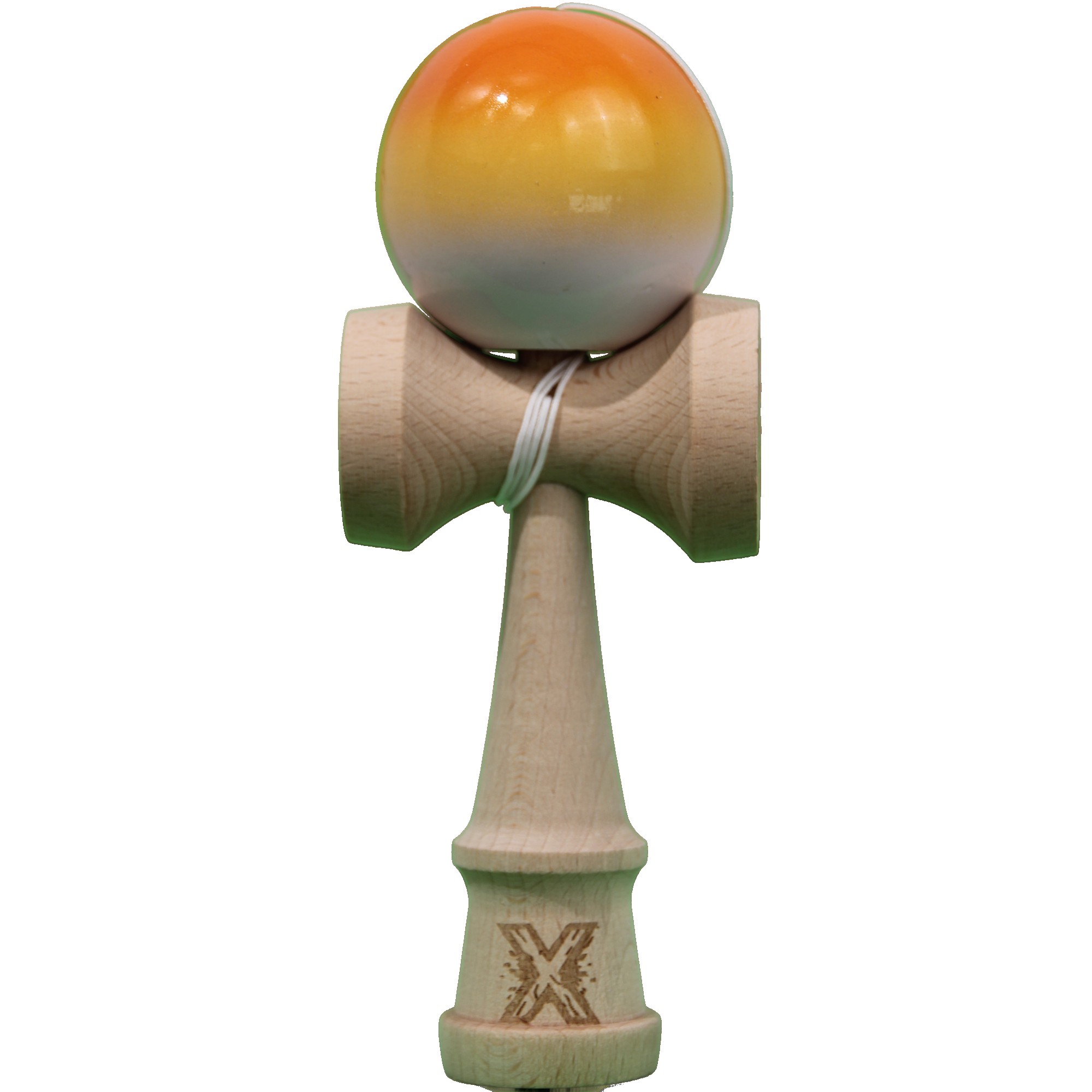 Jucarie Kendama X Originala, Profesionala, Flippy, Super Sticky din Lemn, 18 cm, Gradient Portocaliu/Galben/Alb