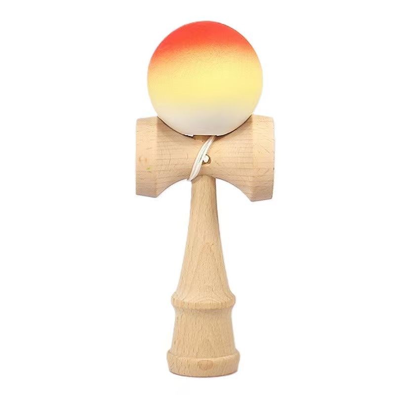 Jucarie Interactiva Kendama, Flippy, Kendama Original Super Sticky din Lemn, 18 cm, Joc de Indemanare pentru Copii si Adulti, Model Gradient Portocaliu Galben Alb