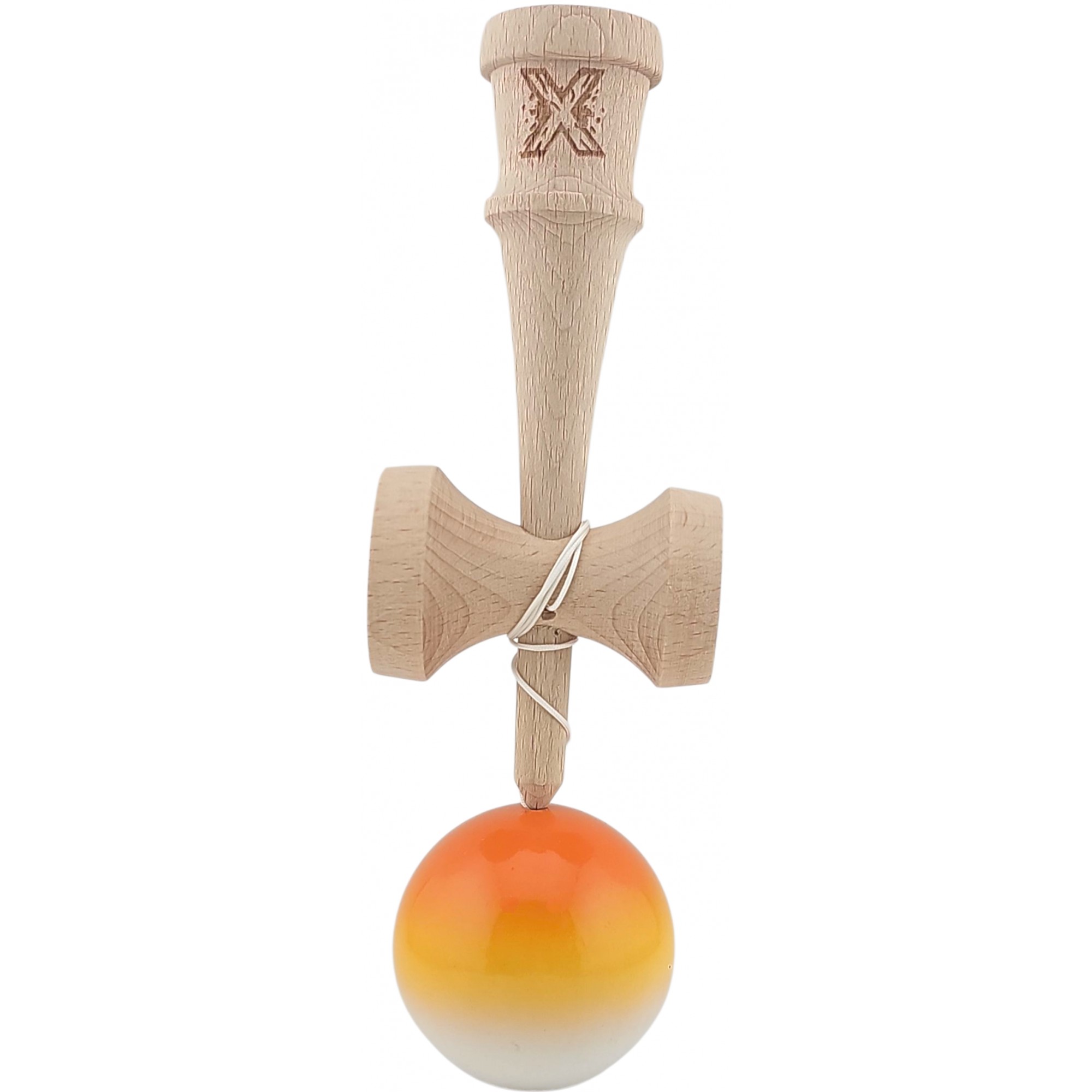 Kendama X Originala, Profesionala, Flippy, Super Sticky din Lemn, 18 cm, Gradient Portocaliu/Galben/Alb