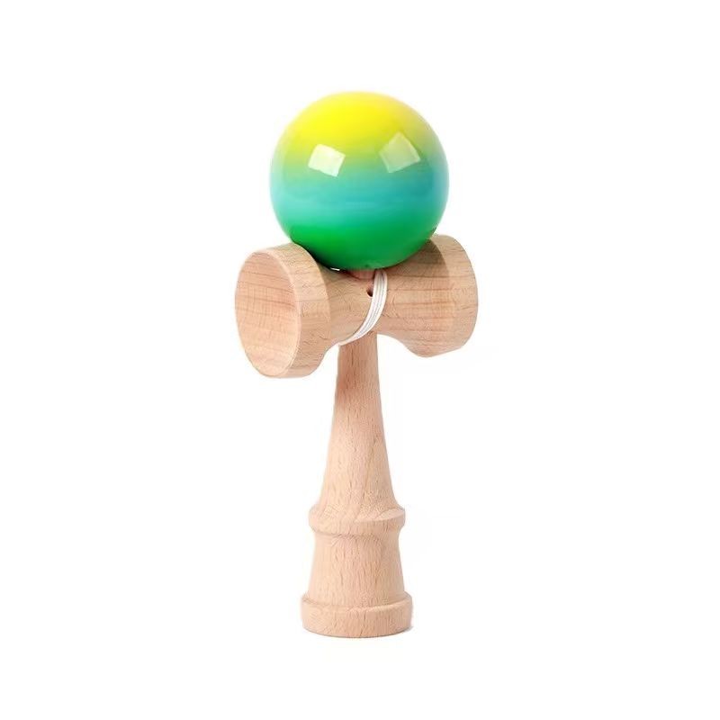 Jucarie Interactiva Kendama, Flippy, Kendama Original Super Sticky din Lemn, 18 cm, Joc de Indemanare pentru Copii si Adulti, Model Gradient Galben Albastru deschis Verde