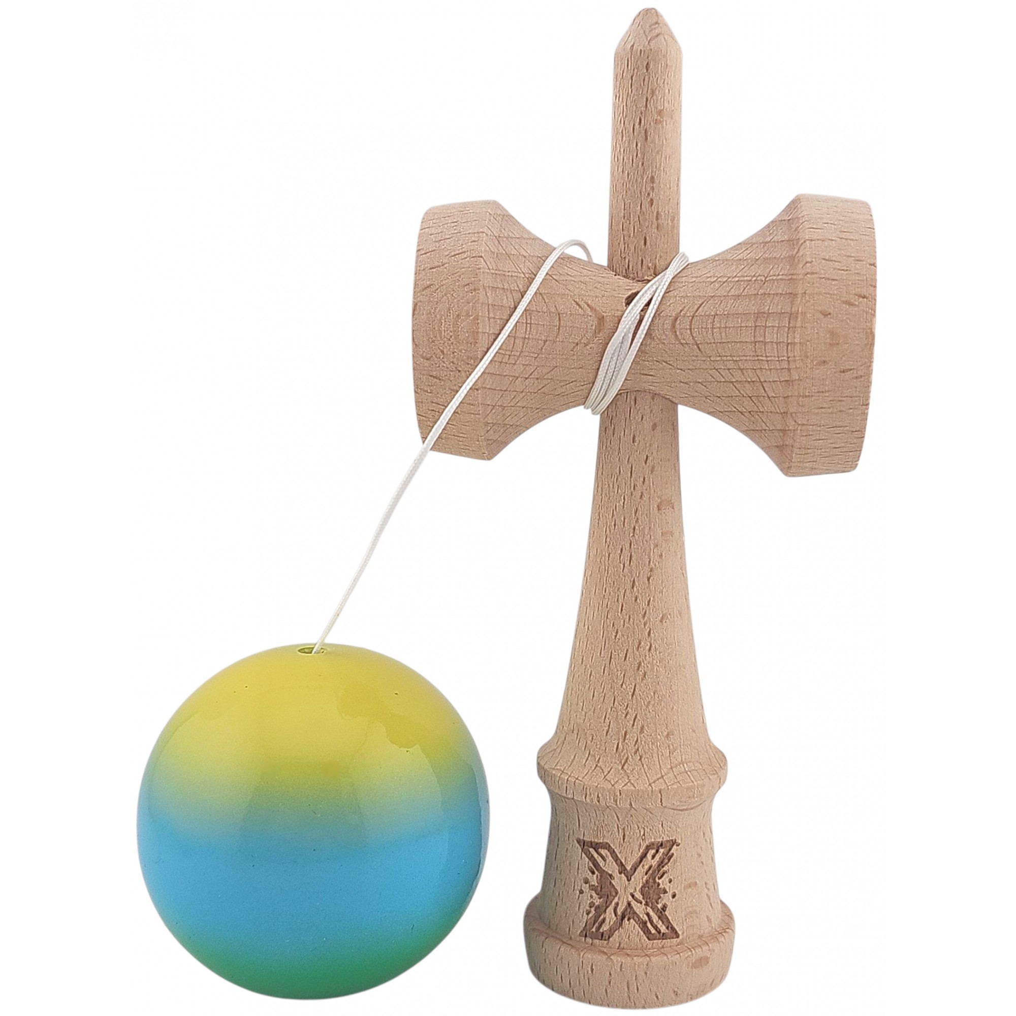 Kendama X Originala, Profesionala, Flippy, Super Sticky din Lemn, 18 cm, Gradient Galben/Albastru deschis/Verde