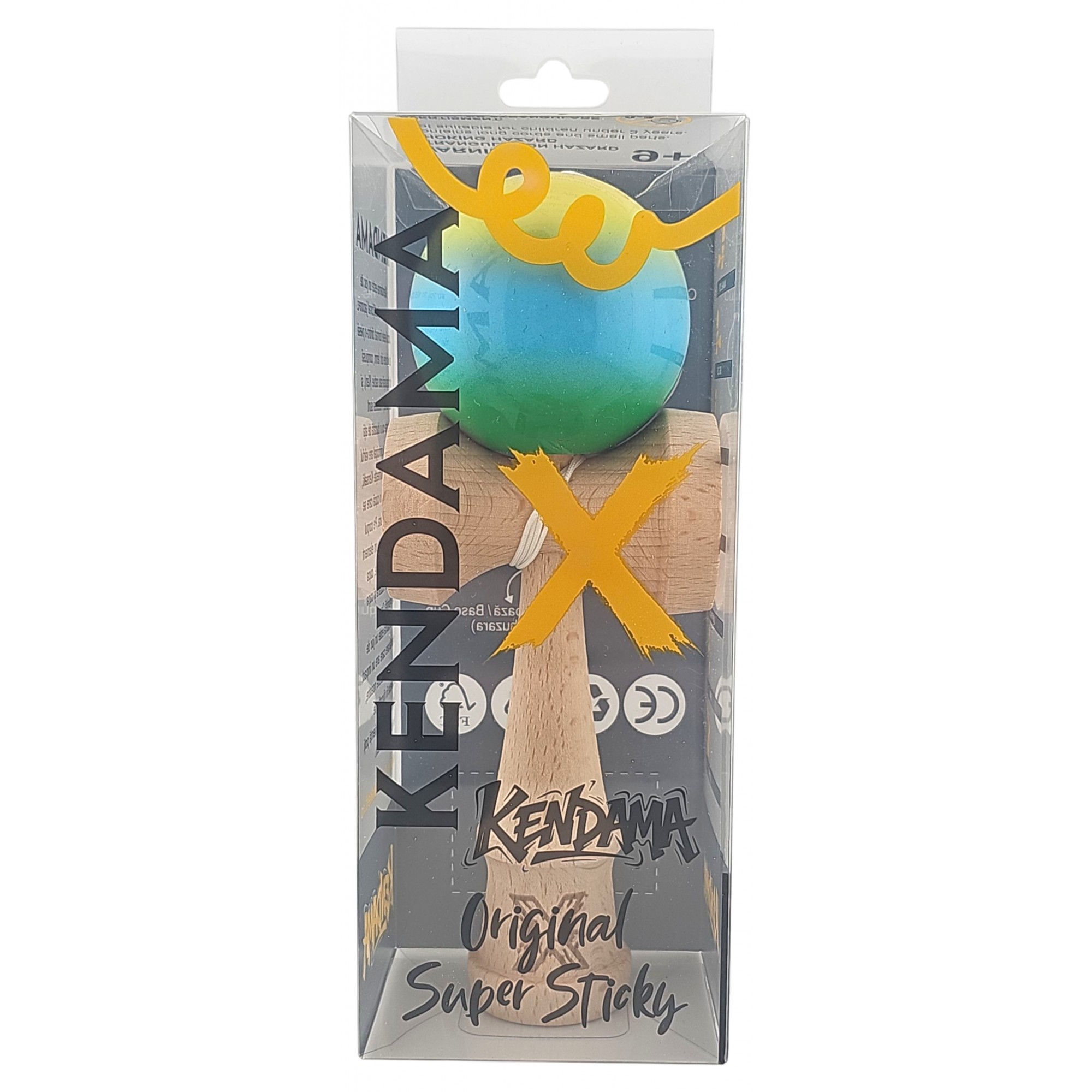 Kendama X Originala, Profesionala, Flippy, Super Sticky din Lemn, 18 cm, Gradient Galben/Albastru deschis/Verde