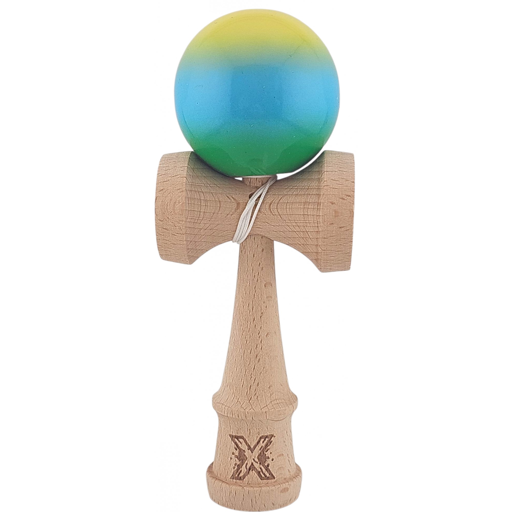 Kendama X Originala, Profesionala, Flippy, Super Sticky din Lemn, 18 cm, Gradient Galben/Albastru deschis/Verde