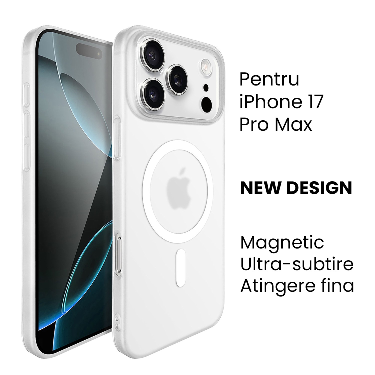 Husa de Protectie compatibila Apple iPhone 17 Pro Max, Flippy, Magnetica Ultra-subtire, Anti-alunecare, Protectie PC, Rezistenta la Zgirieturi, Alb