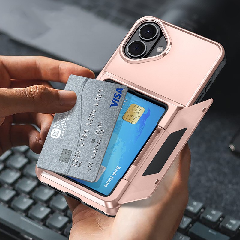 Husa de Protectie compatibila Apple iPhone 17, Flippy, Compartiment pentru Carduri, Anti-alunecare, Protectie PC, Rezistenta la Zgirieturi, Rose Gold