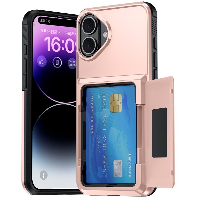 Husa de Protectie compatibila Apple iPhone 17, Flippy, Compartiment pentru Carduri, Anti-alunecare, Protectie PC, Rezistenta la Zgirieturi, Rose Gold