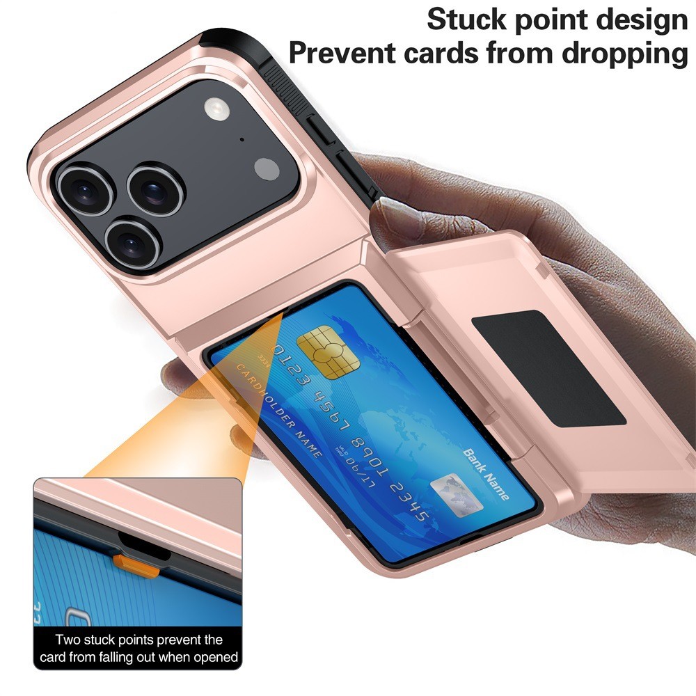 Husa de Protectie compatibila Apple iPhone 17 Pro Max, Flippy, Compartiment pentru Carduri, Anti-alunecare, Protectie PC, Rezistenta la Zgirieturi, Rose Gold