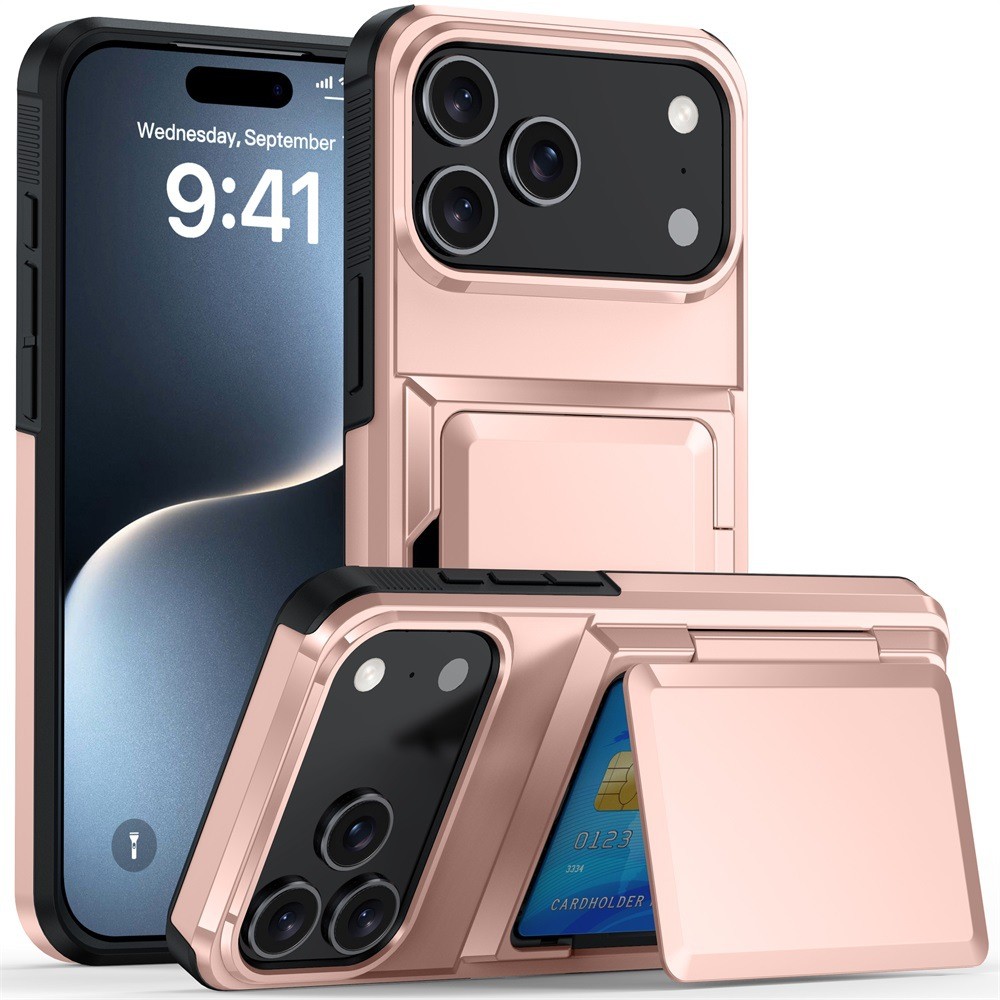 Husa de Protectie compatibila Apple iPhone 17 Pro Max, Flippy, Compartiment pentru Carduri, Anti-alunecare, Protectie PC, Rezistenta la Zgirieturi, Rose Gold