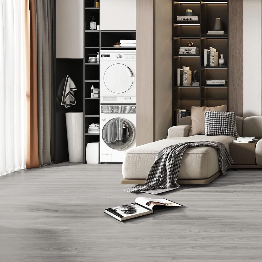 Set 36 Placi Autoadezive pentru Pardoseala, Flippy, din PVC, Impermeabil, Ignifug, Usor de Curatat, Dimensiune Placa 91.44 x 15.24 cm, Grosime 1.5 mm, Acoperire 5 m2, Model 1, Gri