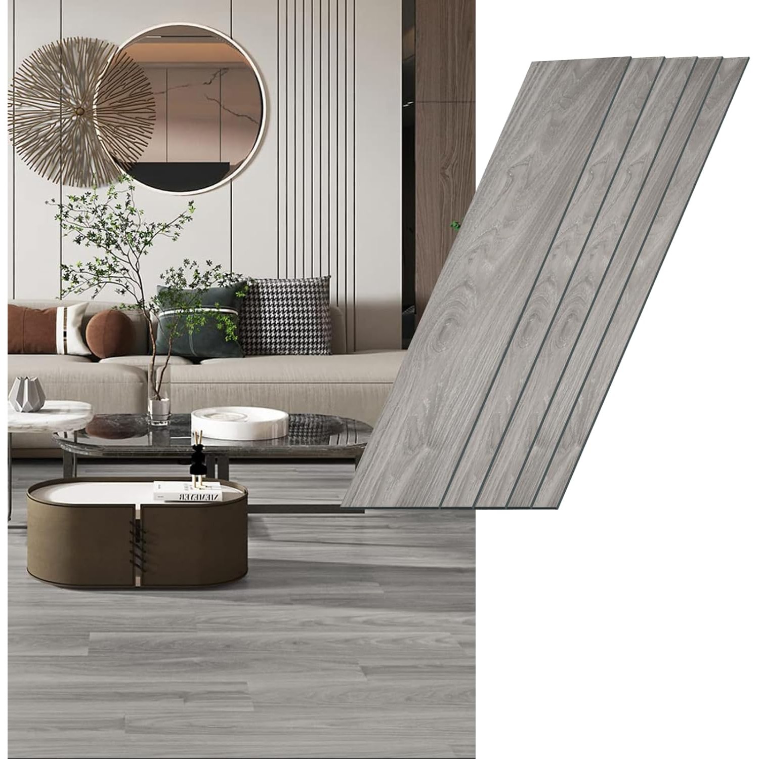 Set 36 Placi Autoadezive pentru Pardoseala, Flippy, din PVC, Impermeabil, Ignifug, Usor de Curatat, Dimensiune Placa 91.44 x 15.24 cm, Grosime 1.5 mm, Acoperire 5 m2, Model 1, Gri